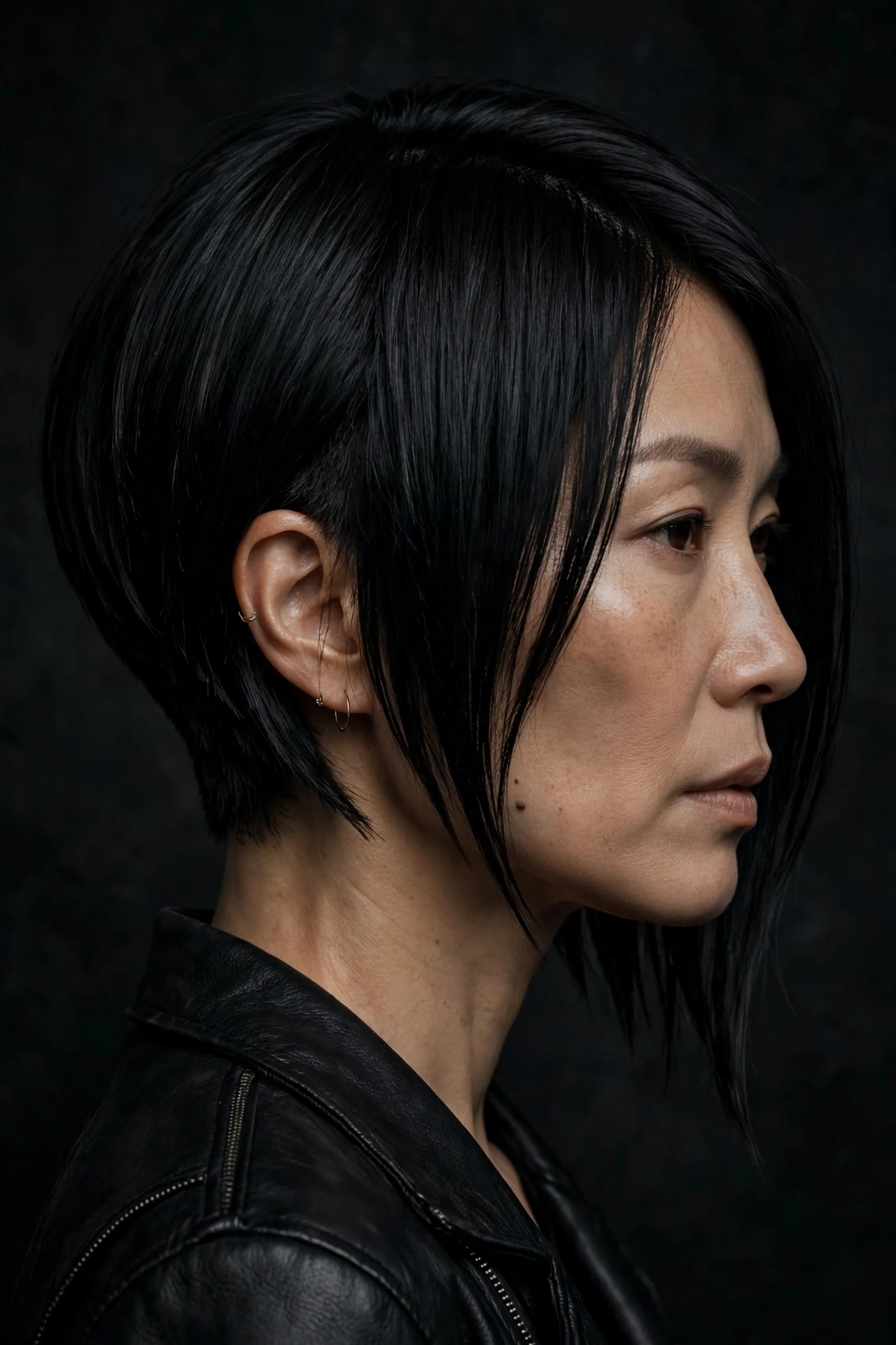 Edgy asymmetrical graduated bob with one side longer, side view