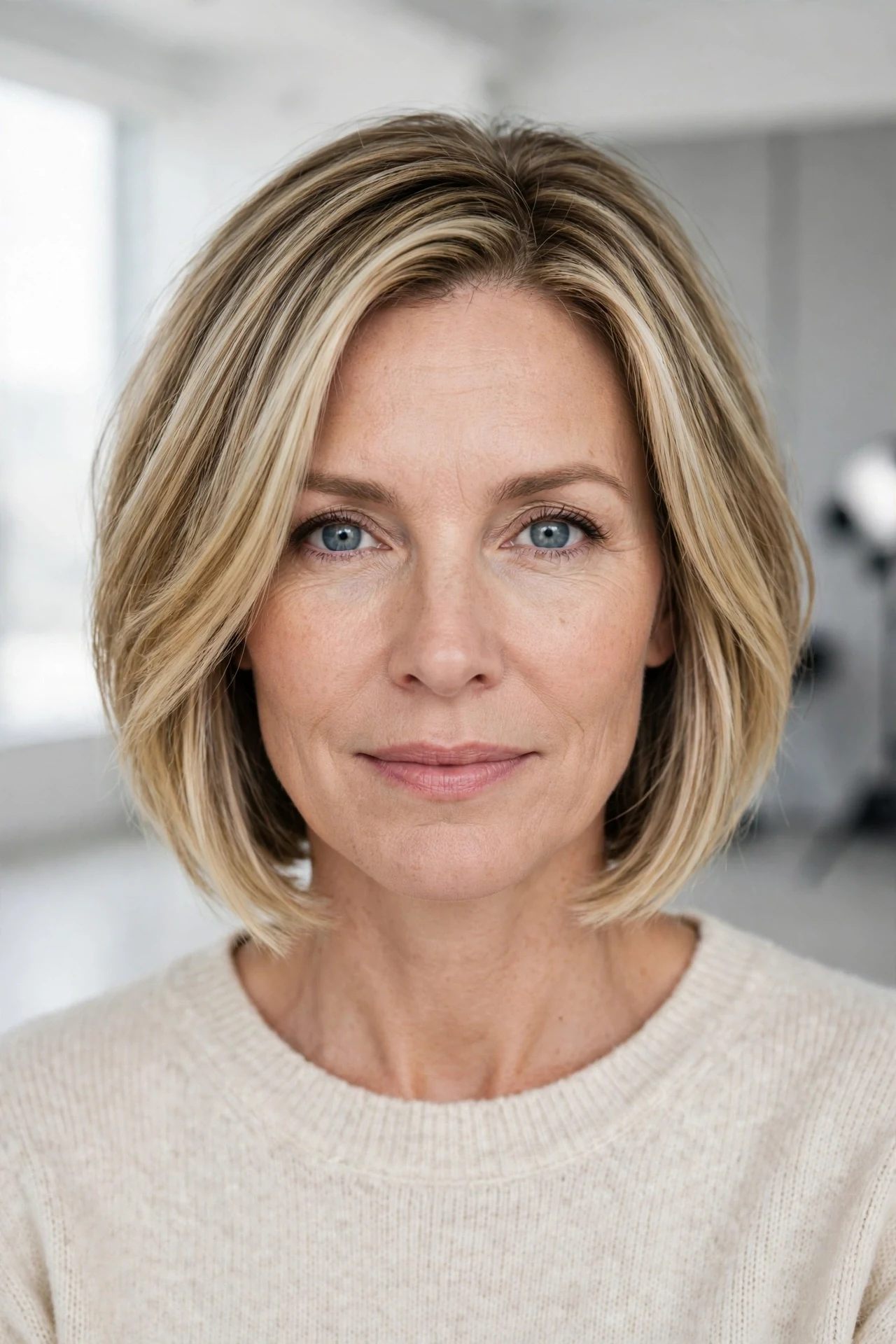 Graduated bob with blonde balayage dimension for fine hair