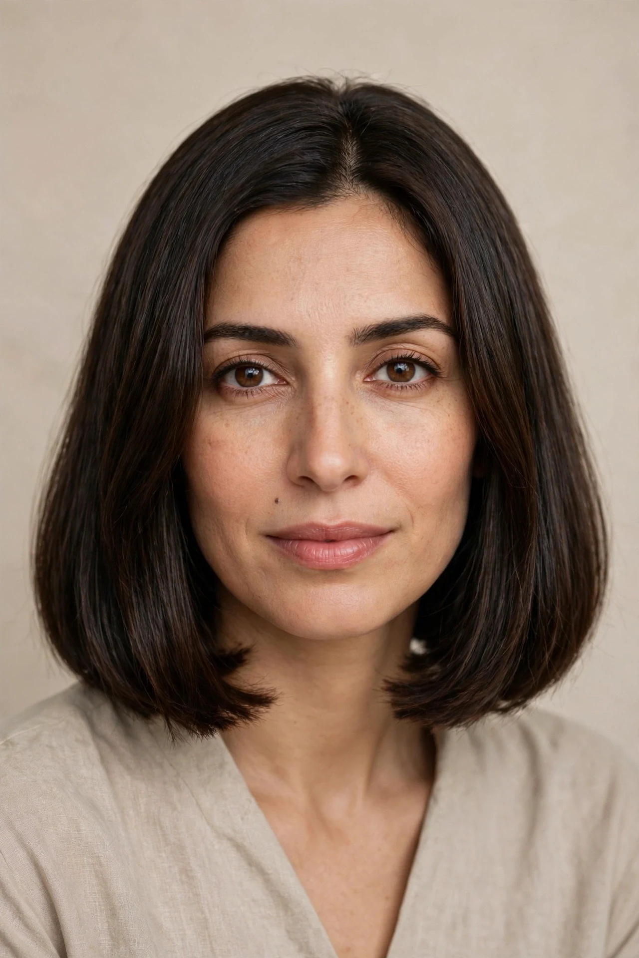 Blunt-edge graduated bob for fine hair with full ends, front view