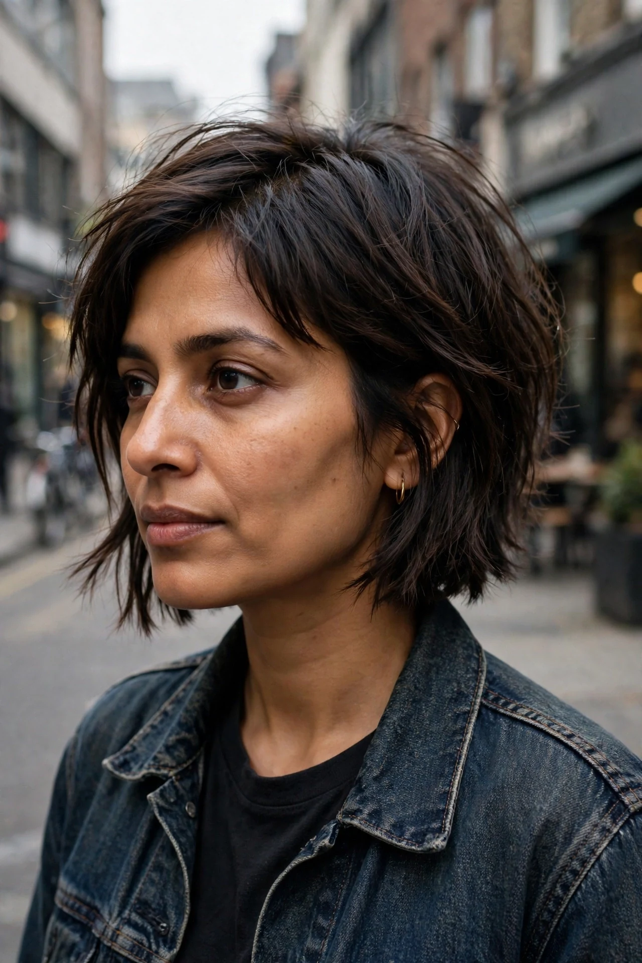 Choppy graduated bob with piece-y layers on dark brown fine hair