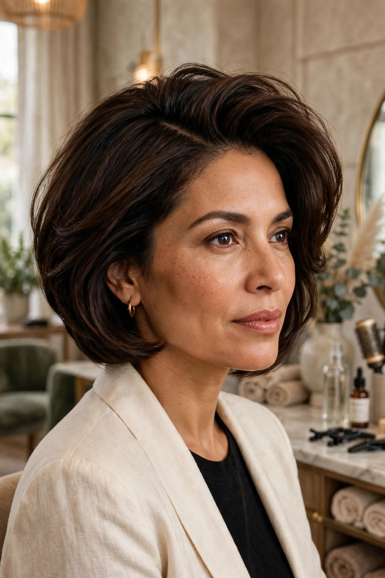 Graduated bob with deep side part creating instant volume on fine hair