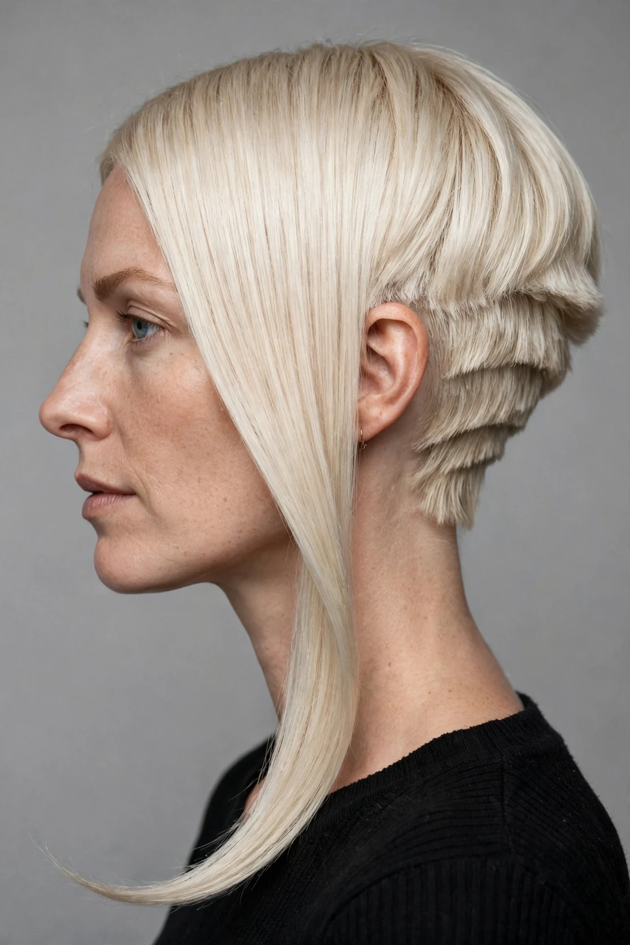 Dramatic inverted graduated bob in platinum blonde, steep angled side view