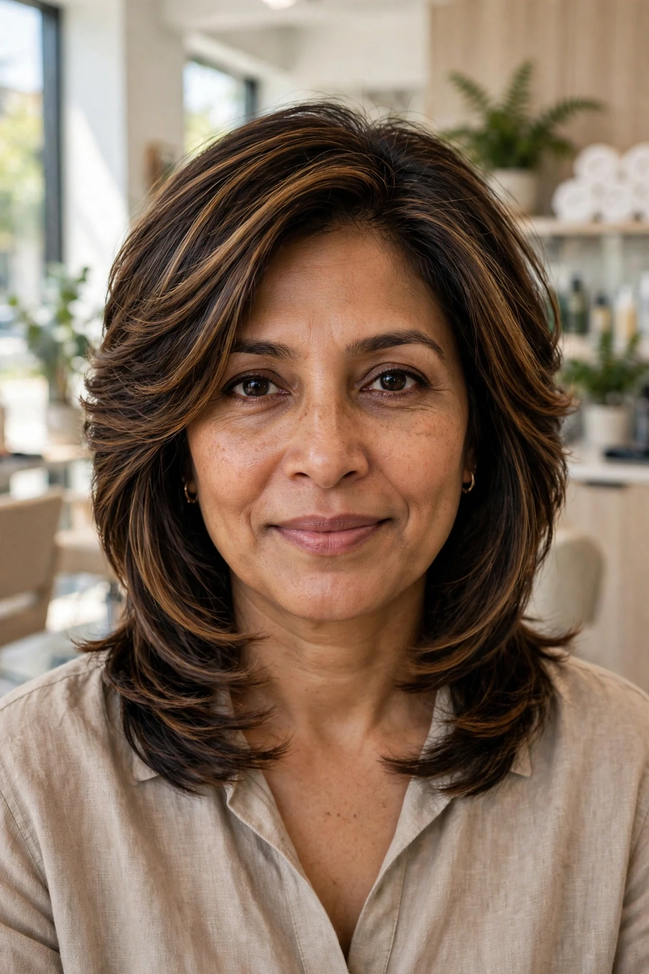 Graduated lob for fine hair at collarbone length on a South Asian woman