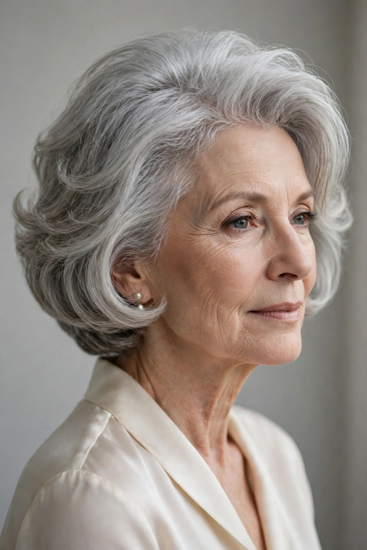 Elegant silver graduated bob for fine hair on a woman over 50