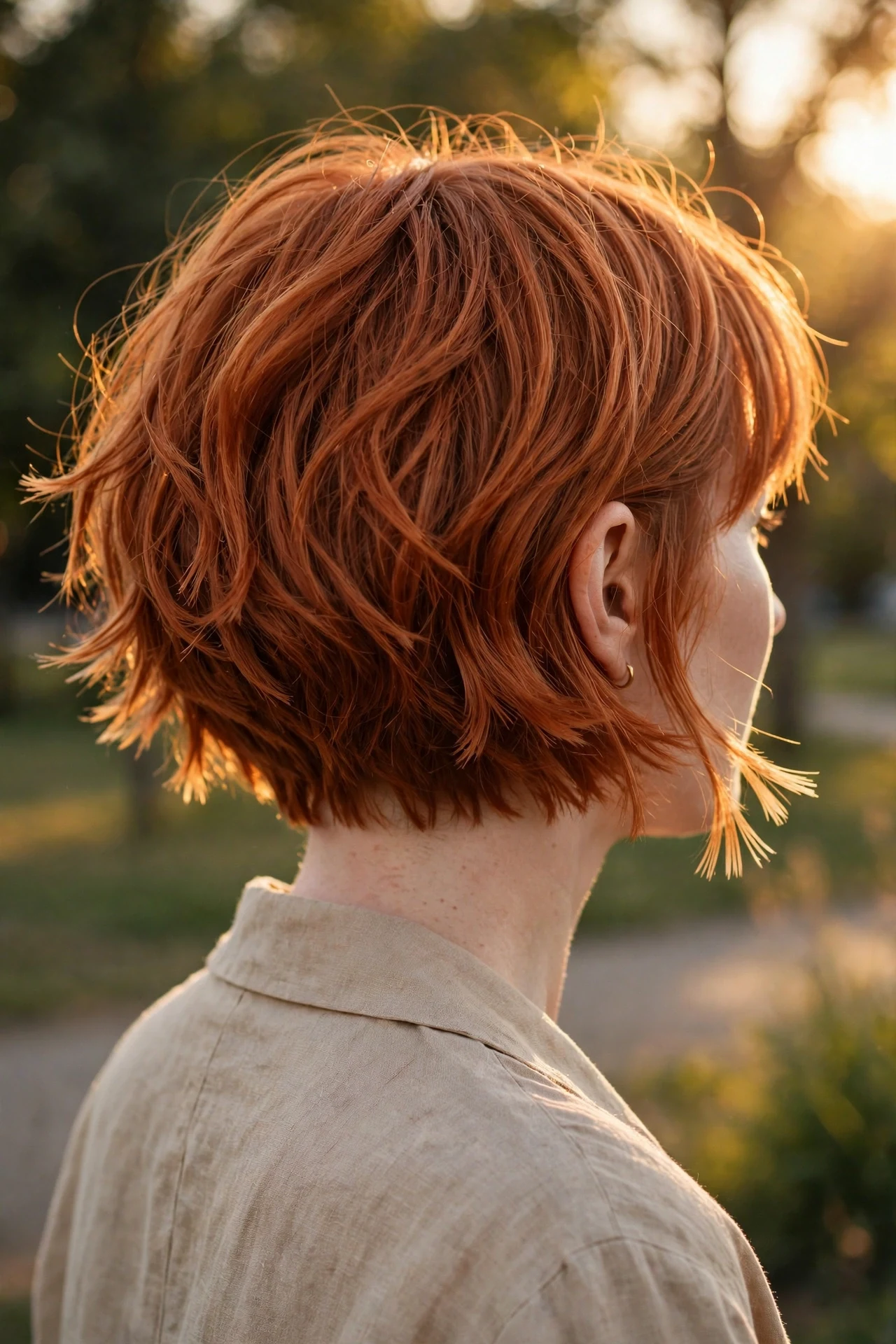 Razored graduated bob with textured ends in copper red, golden hour