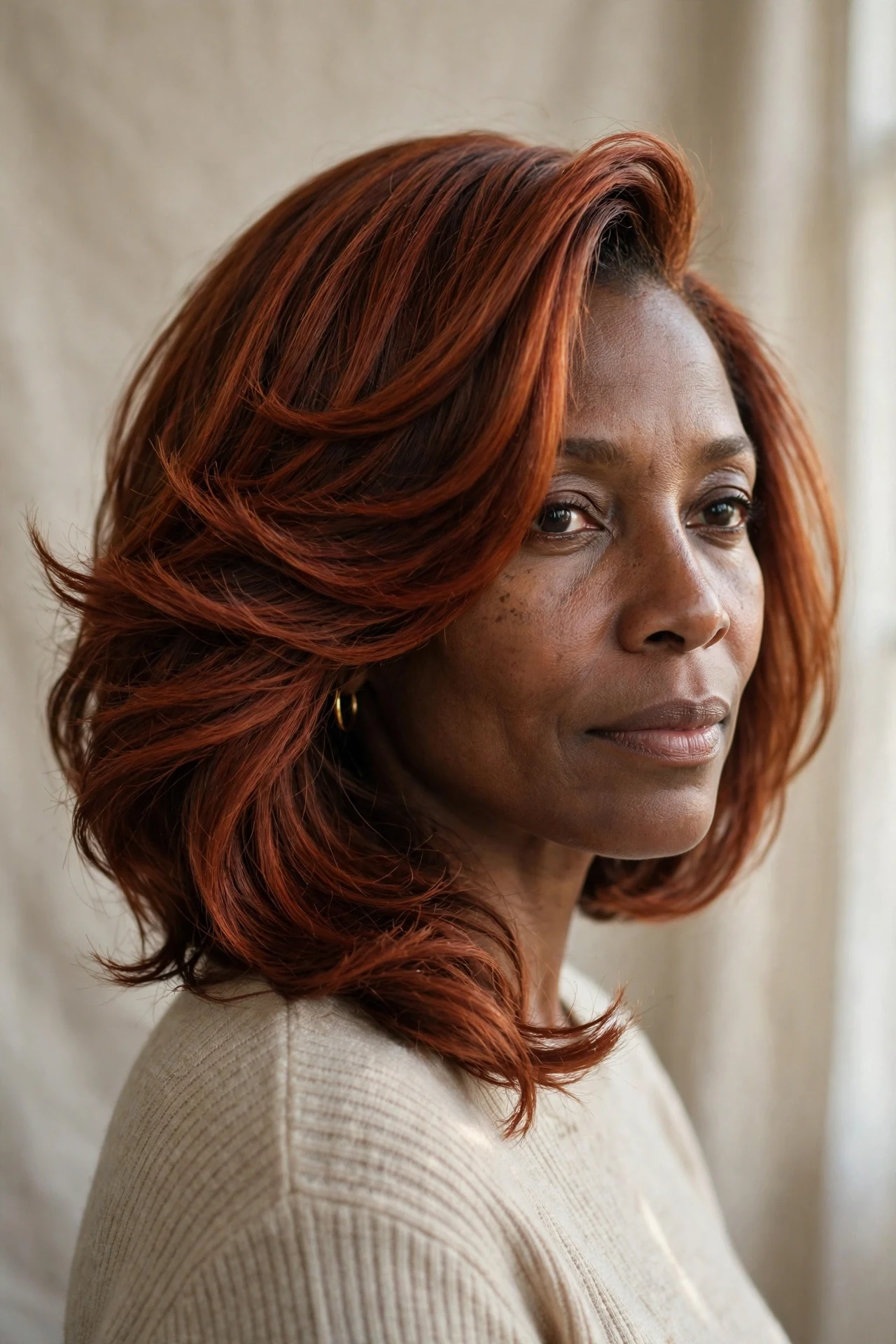 Side-swept graduated bob in auburn on fine hair, voluminous sweep