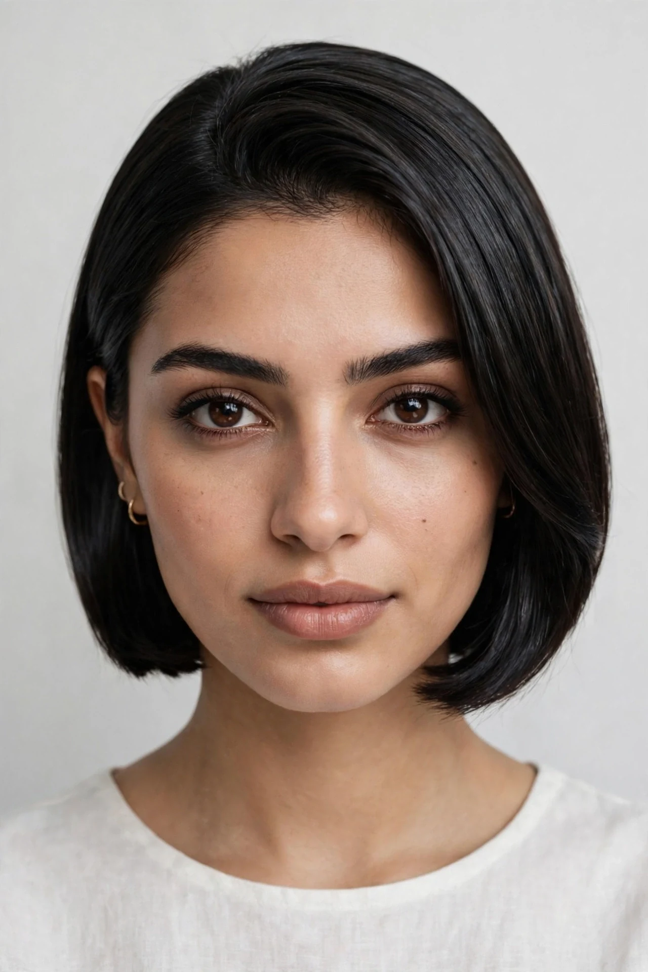 Sleek glass-shine graduated bob on jet black fine hair, front view