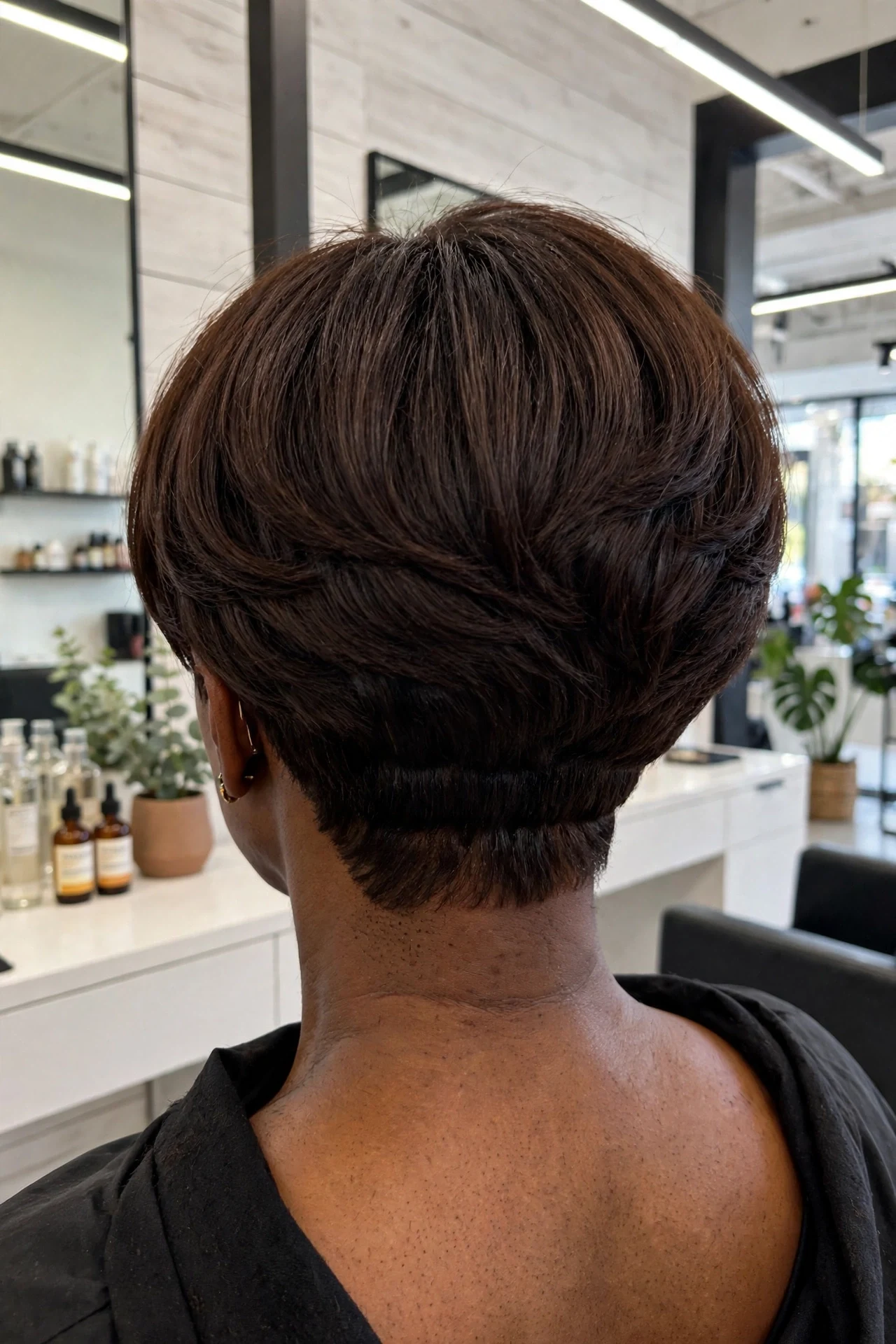 Graduated bob with stacked nape on fine hair, back view showing clean neckline