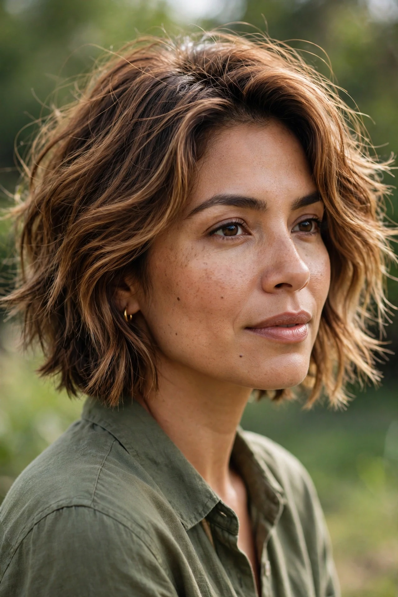 Textured graduated bob on caramel brown fine hair, three-quarter view