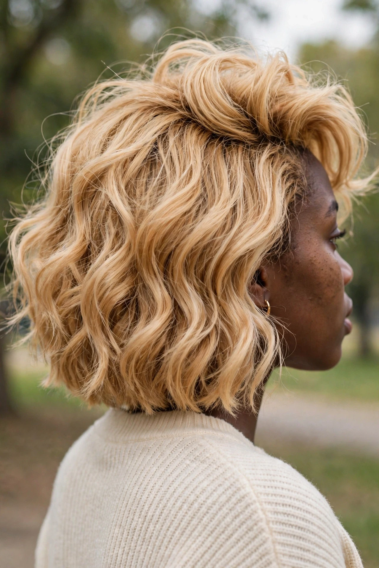 Wavy graduated bob in honey blonde with full crown volume, back view
