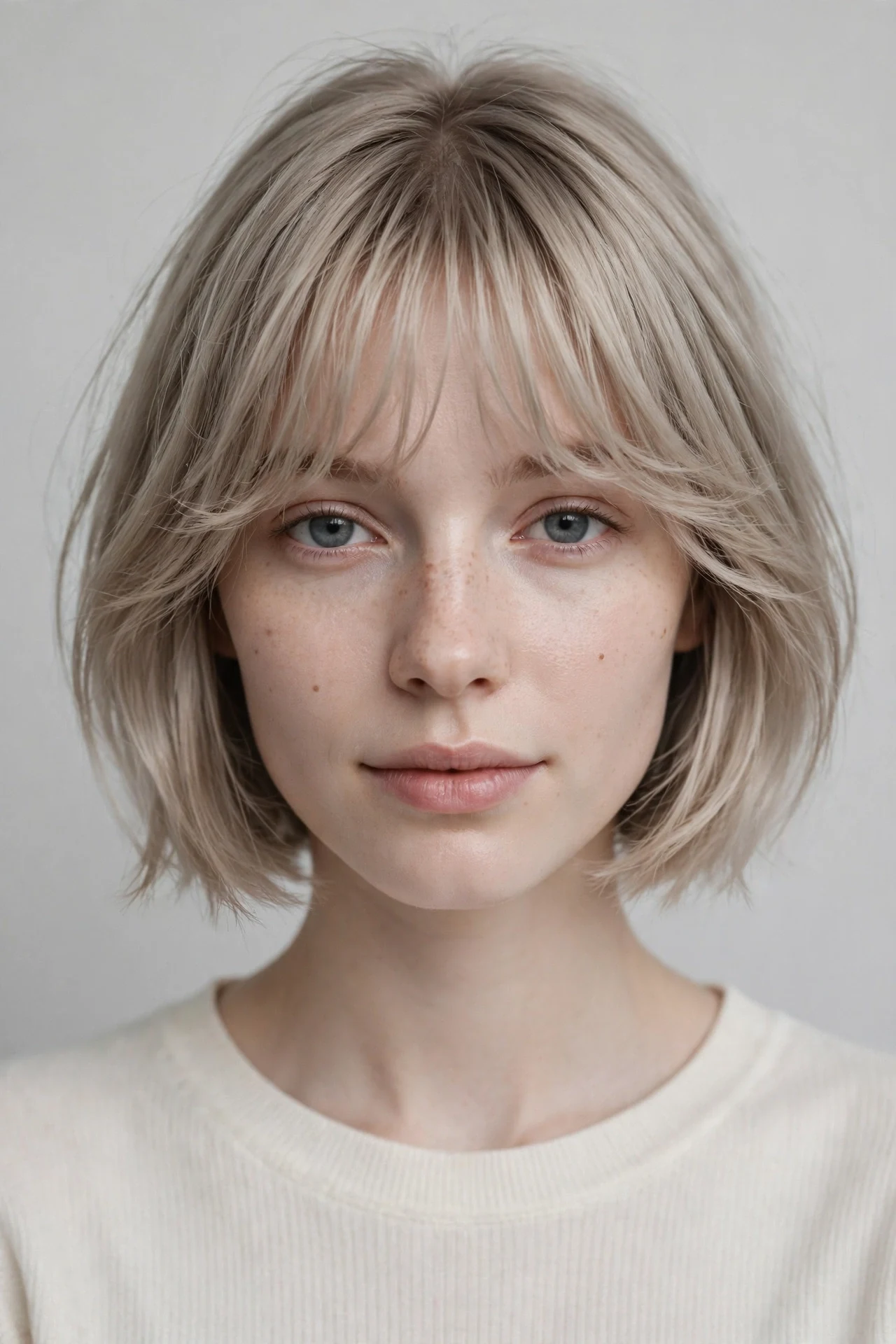 Graduated bob with wispy fringe in ash blonde, front view
