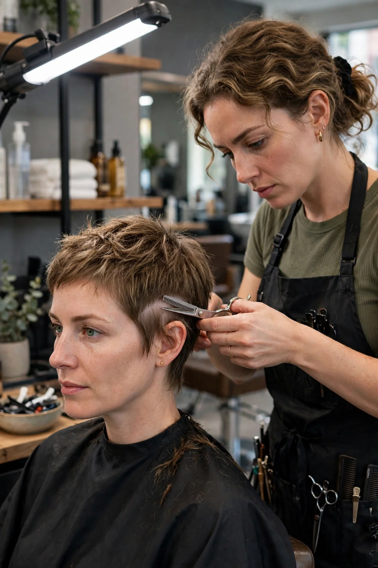 Stylist carefully re-cutting and fixing a bixie haircut in a salon