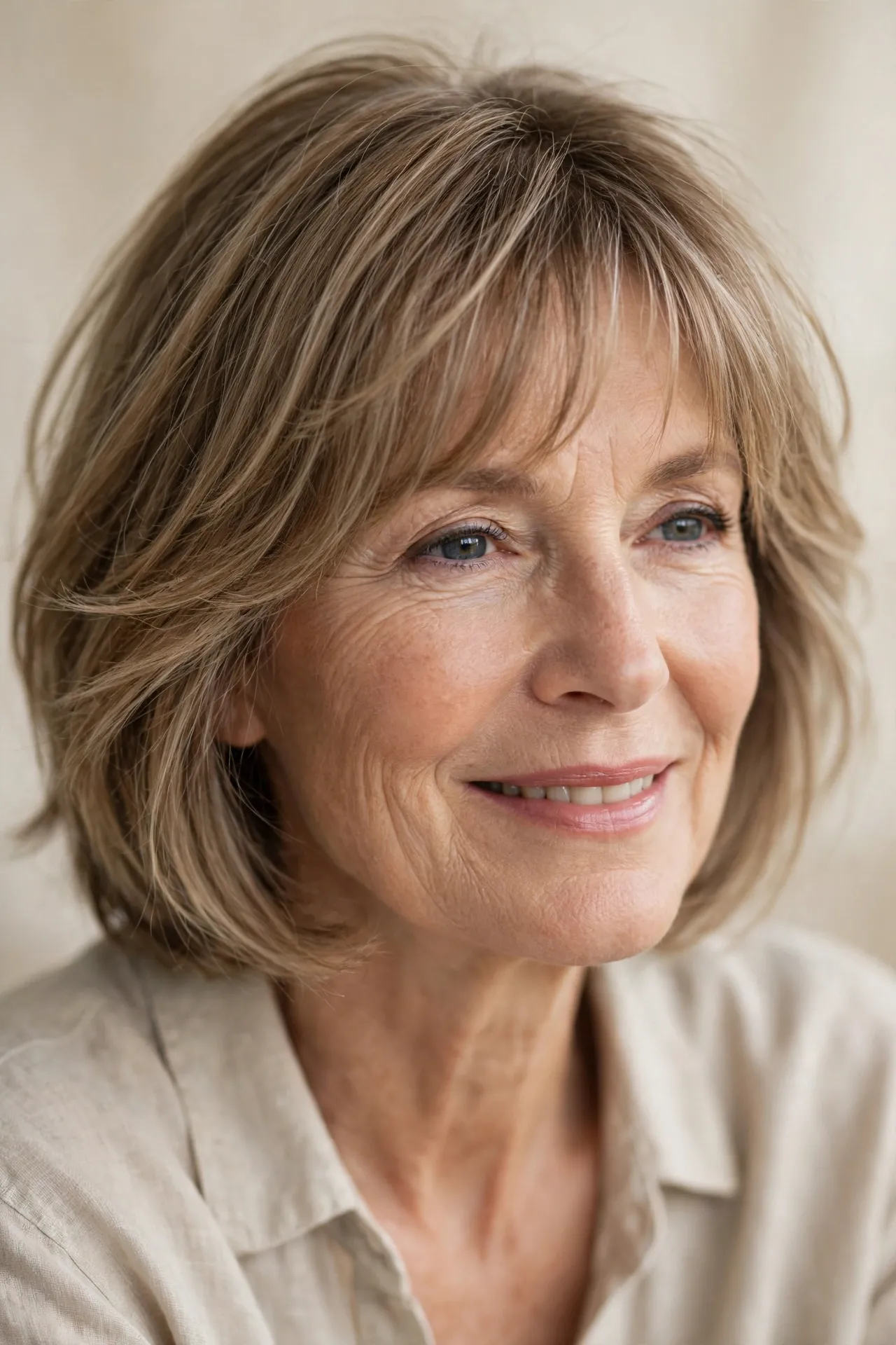 Airy lightweight fringe bob, fine light brown hair