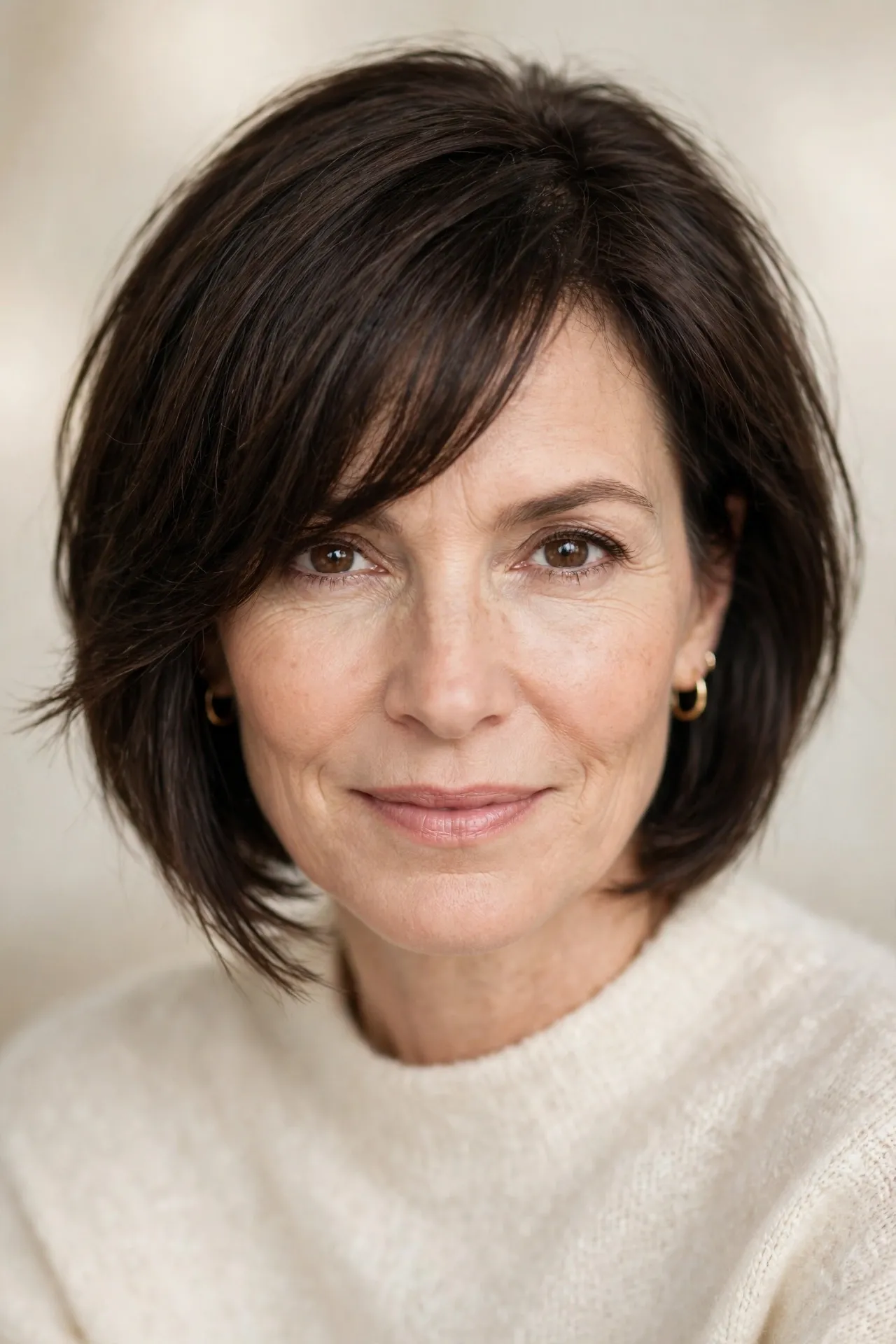 Asymmetric fringe layered bob, fine dark brown hair