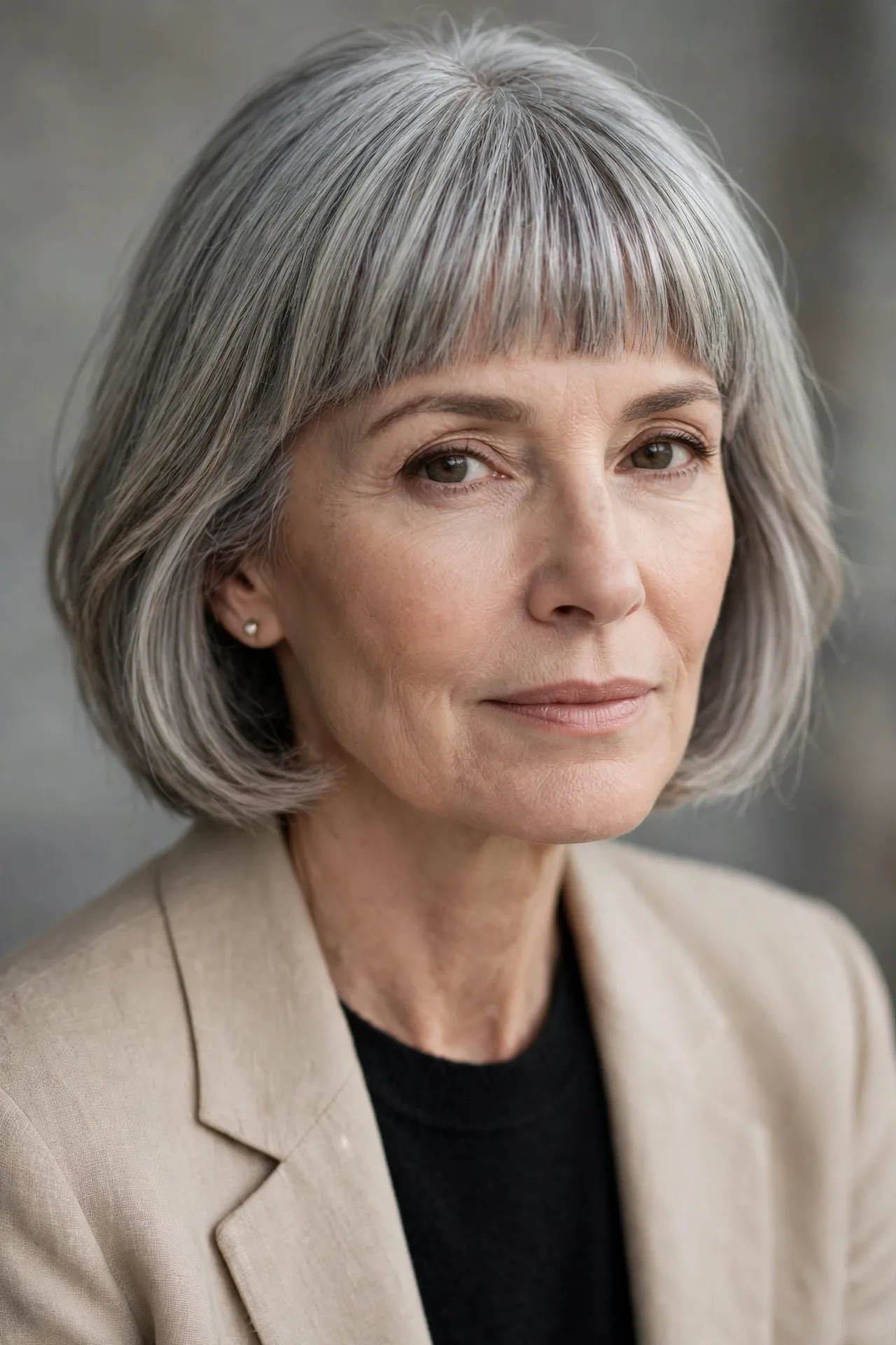 Blunt fringe layered bob for fine hair, chic over 50