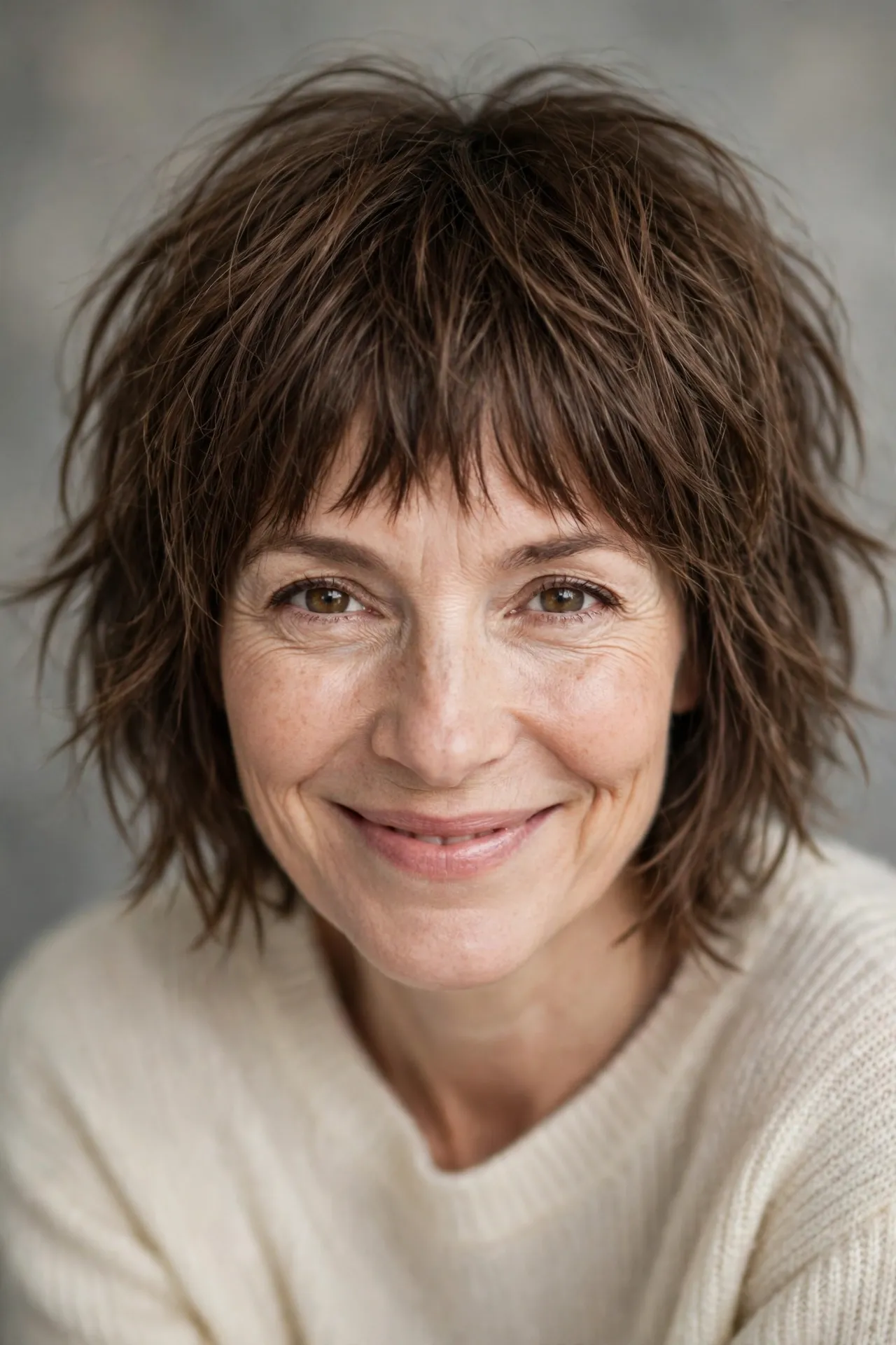 Choppy fringe bob with texture, fine brown hair over 50