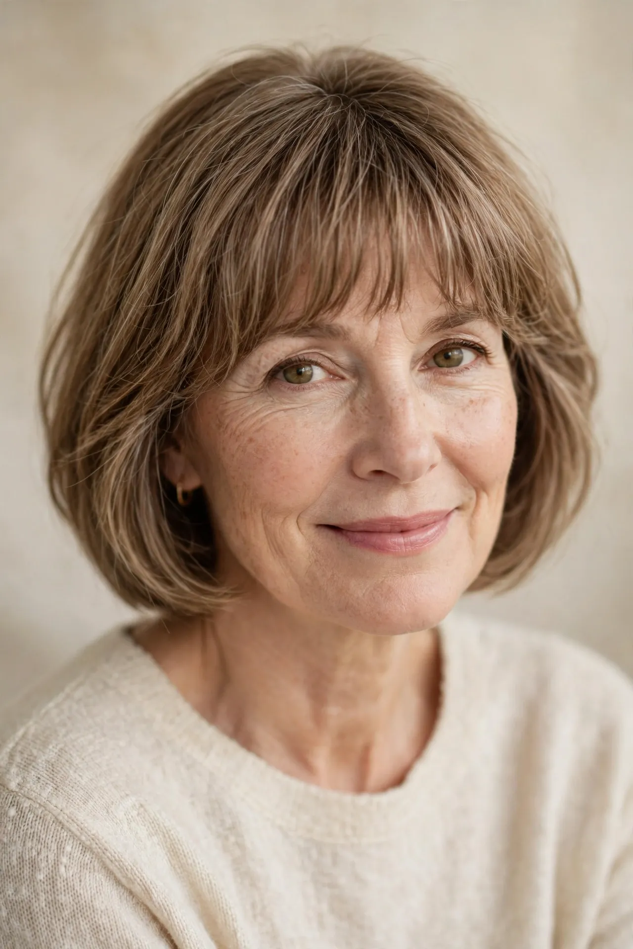 Classic fringe layered bob for fine hair over 50, light brown hair