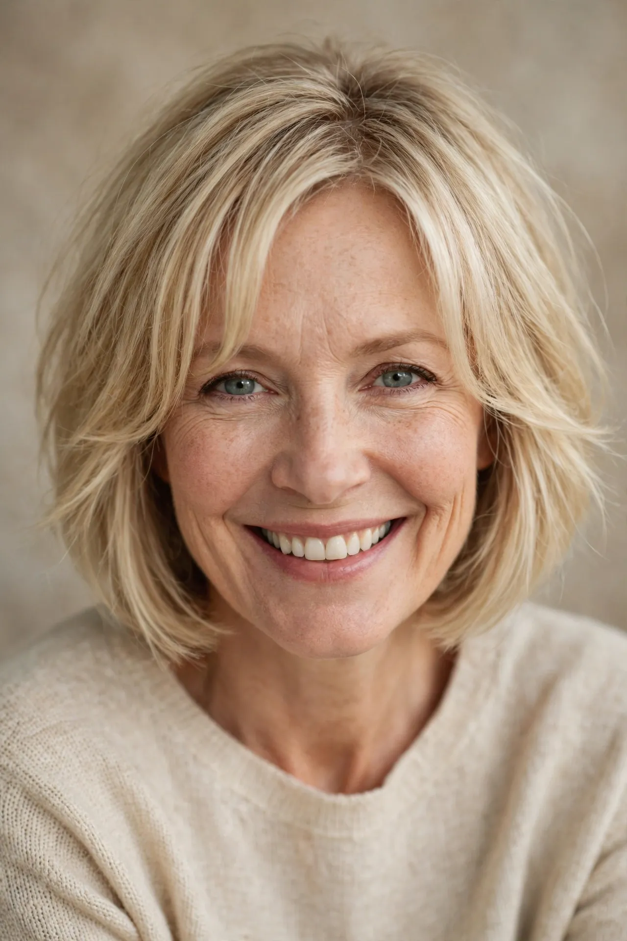 Curved arched fringe bob, fine blonde hair over 50