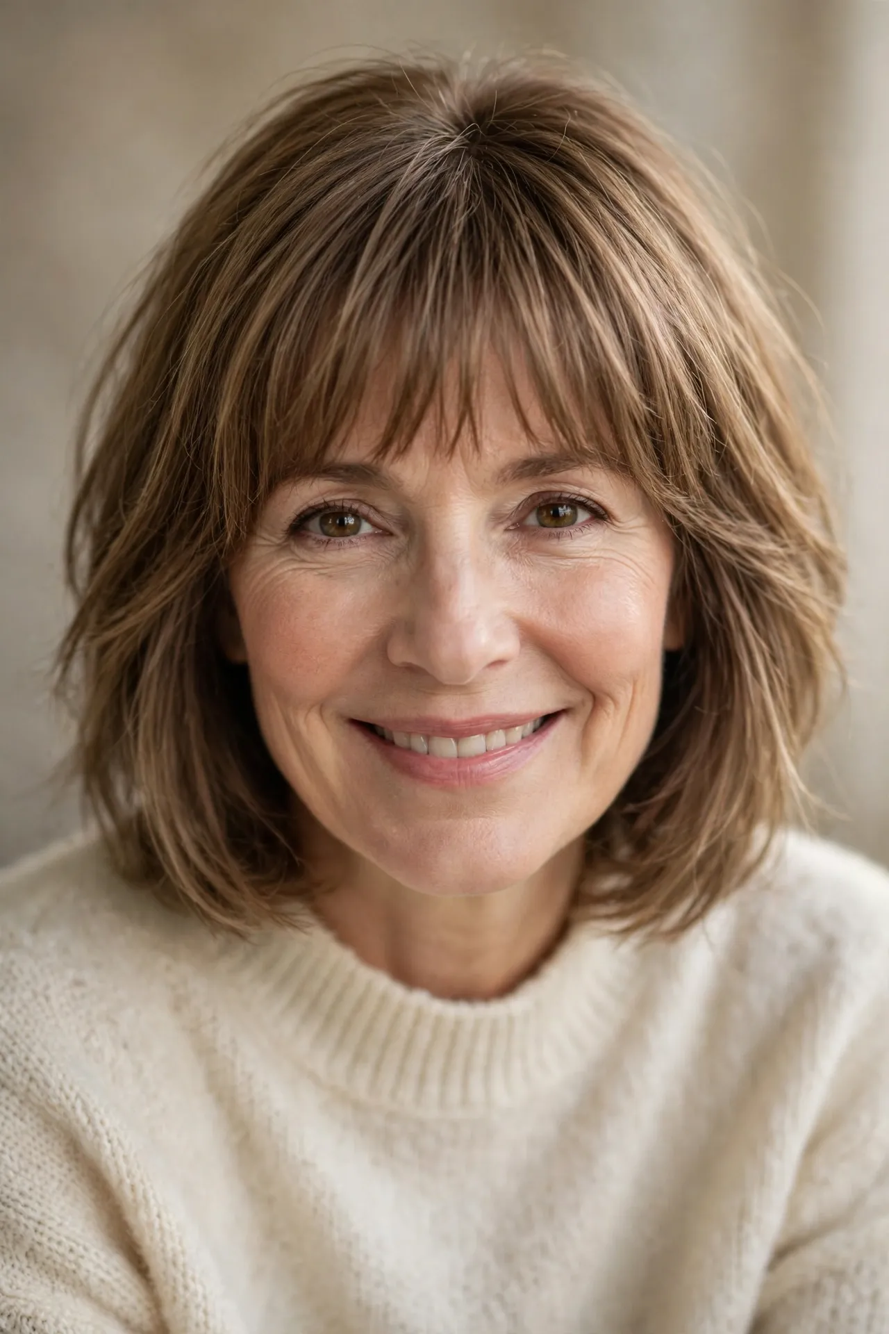 Fringe layered bob for fine hair over 50, light brown hair