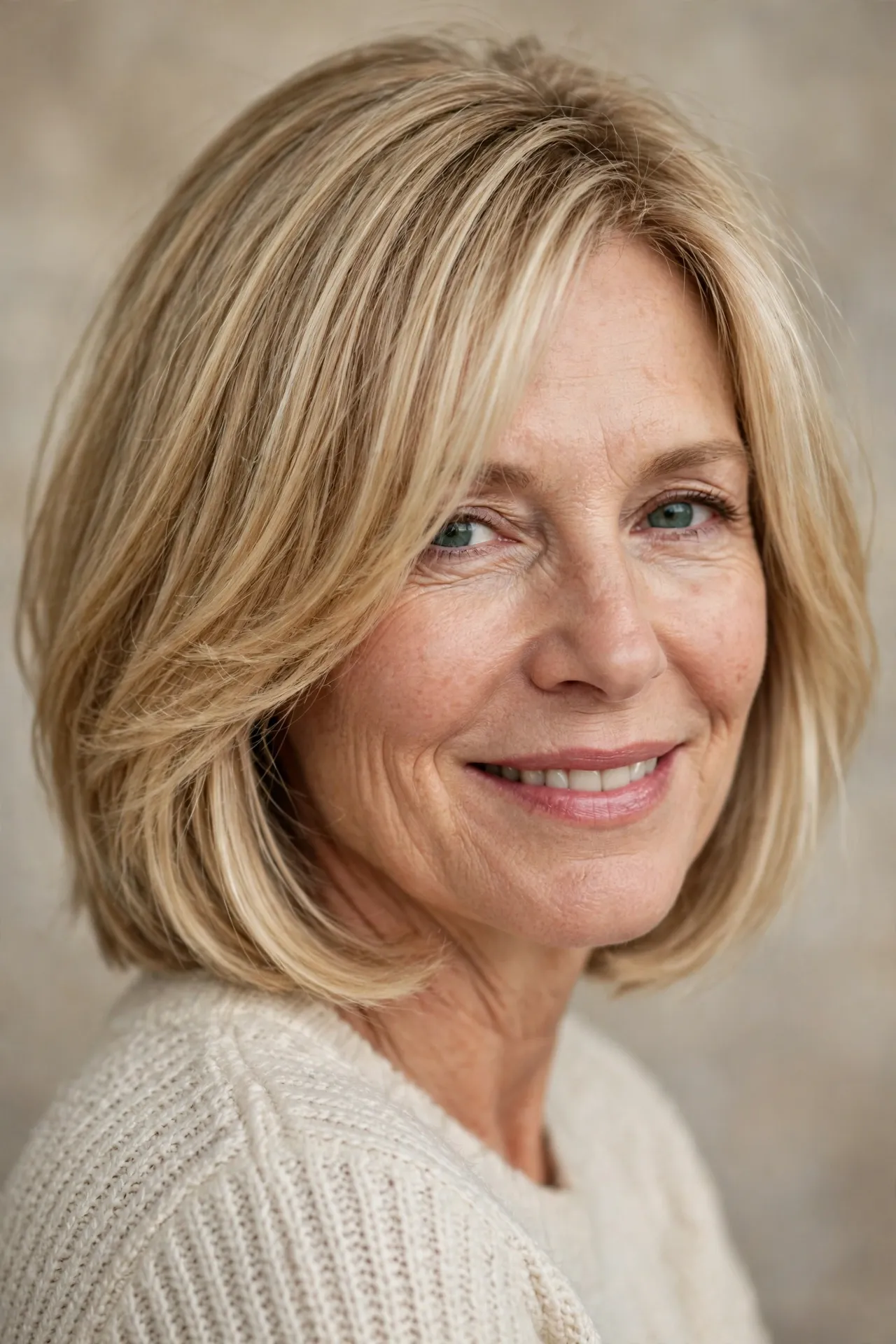 Layered bob with long fringe, fine honey blonde hair