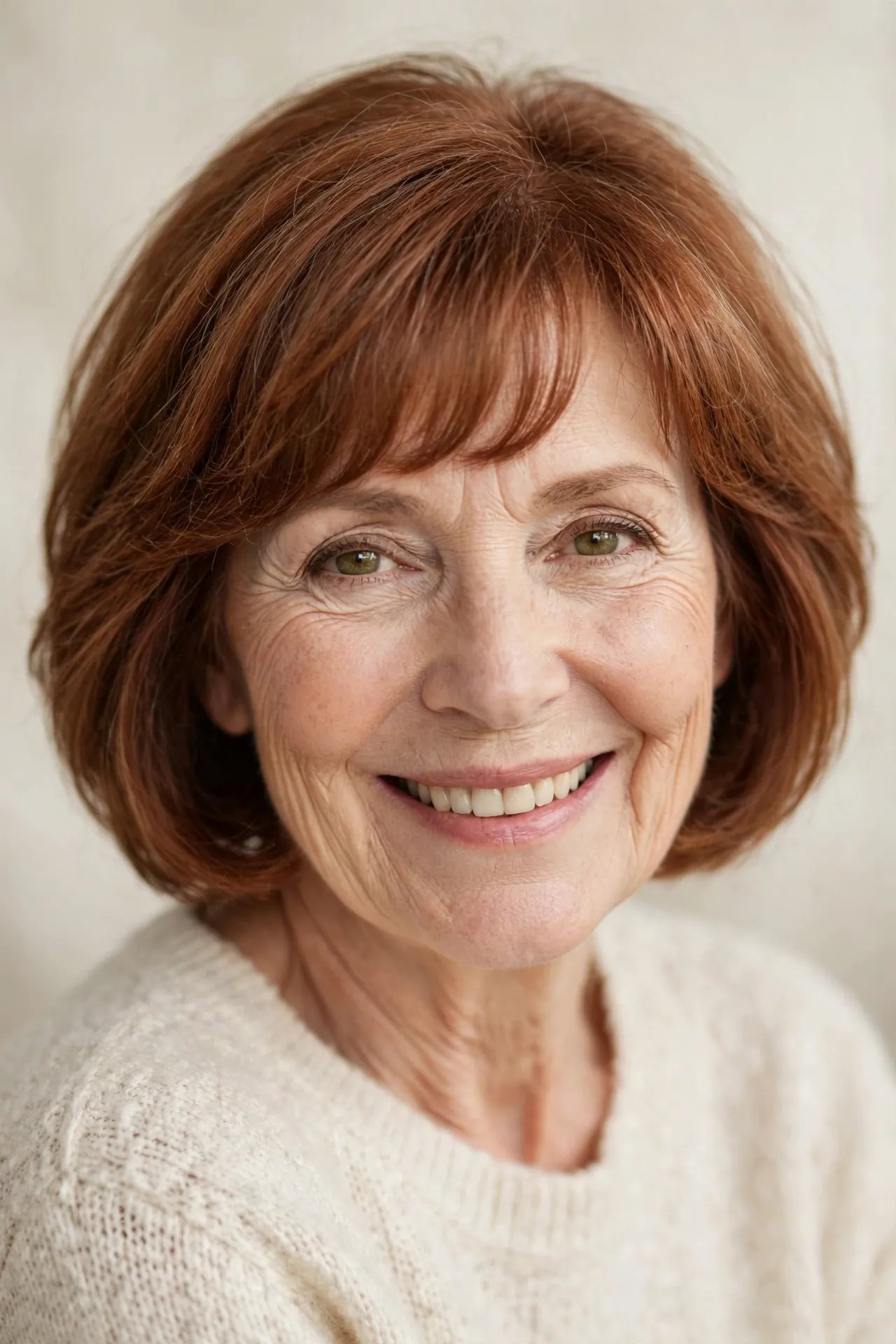Soft rounded fringe bob, fine auburn hair