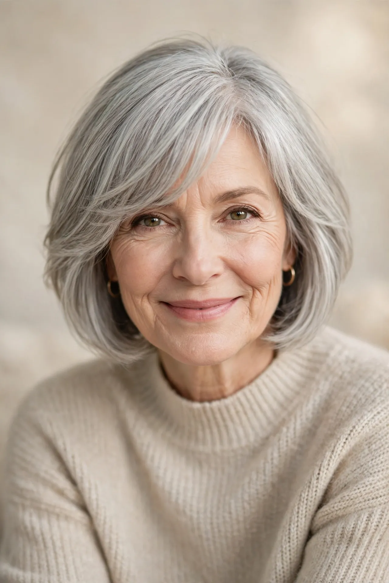 Side swept fringe layered bob, silver gray fine hair