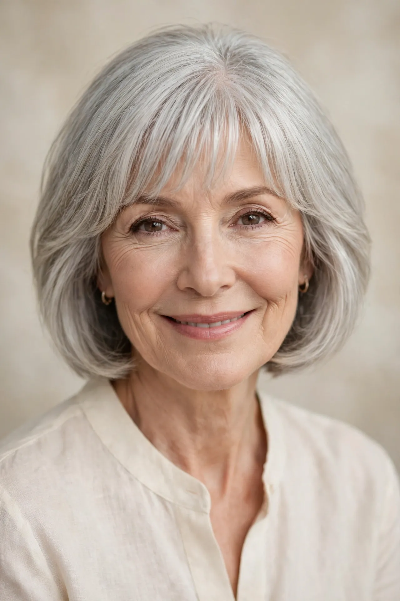 Silver fringe layered bob for fine hair, women over 60