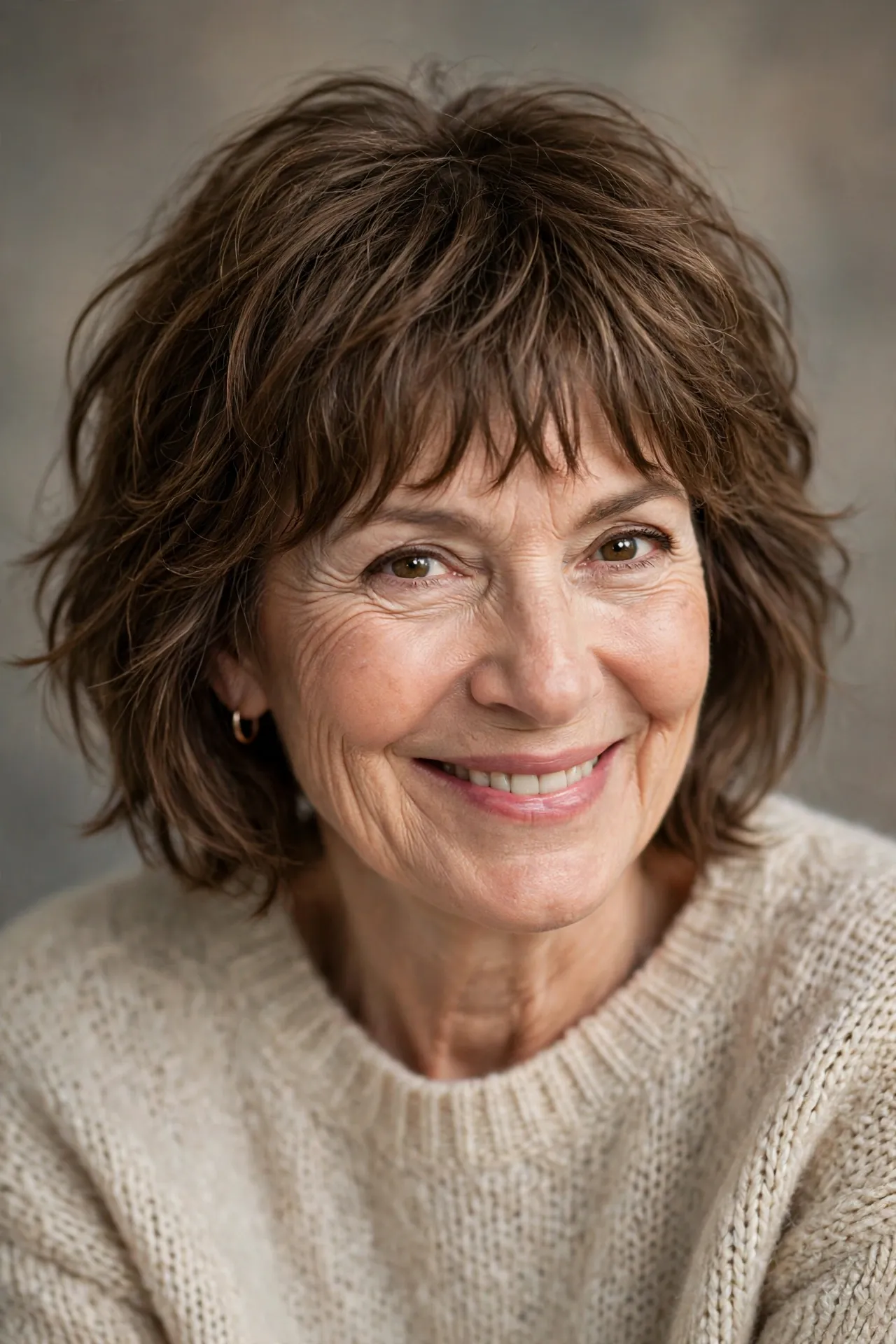 Tousled fringe bob, fine medium brown hair