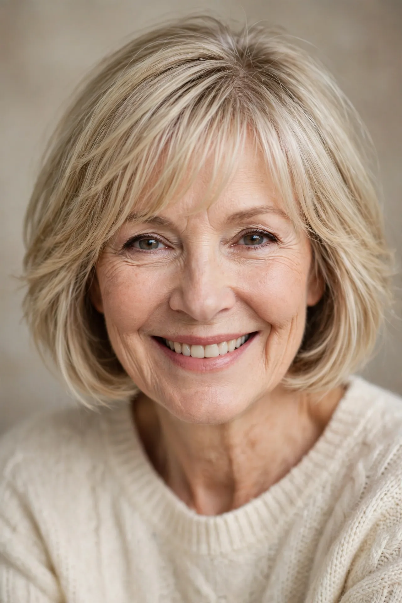 Wispy fringe with feathered layers on fine blonde hair