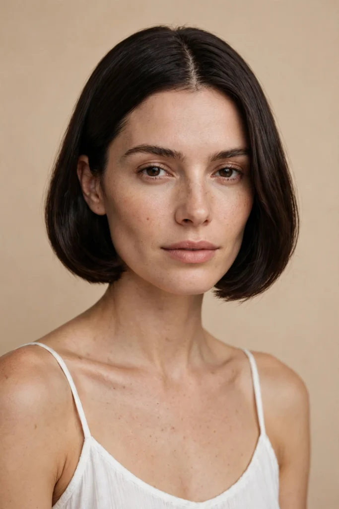 French bob haircut with no bangs on dark brown chin-length hair
