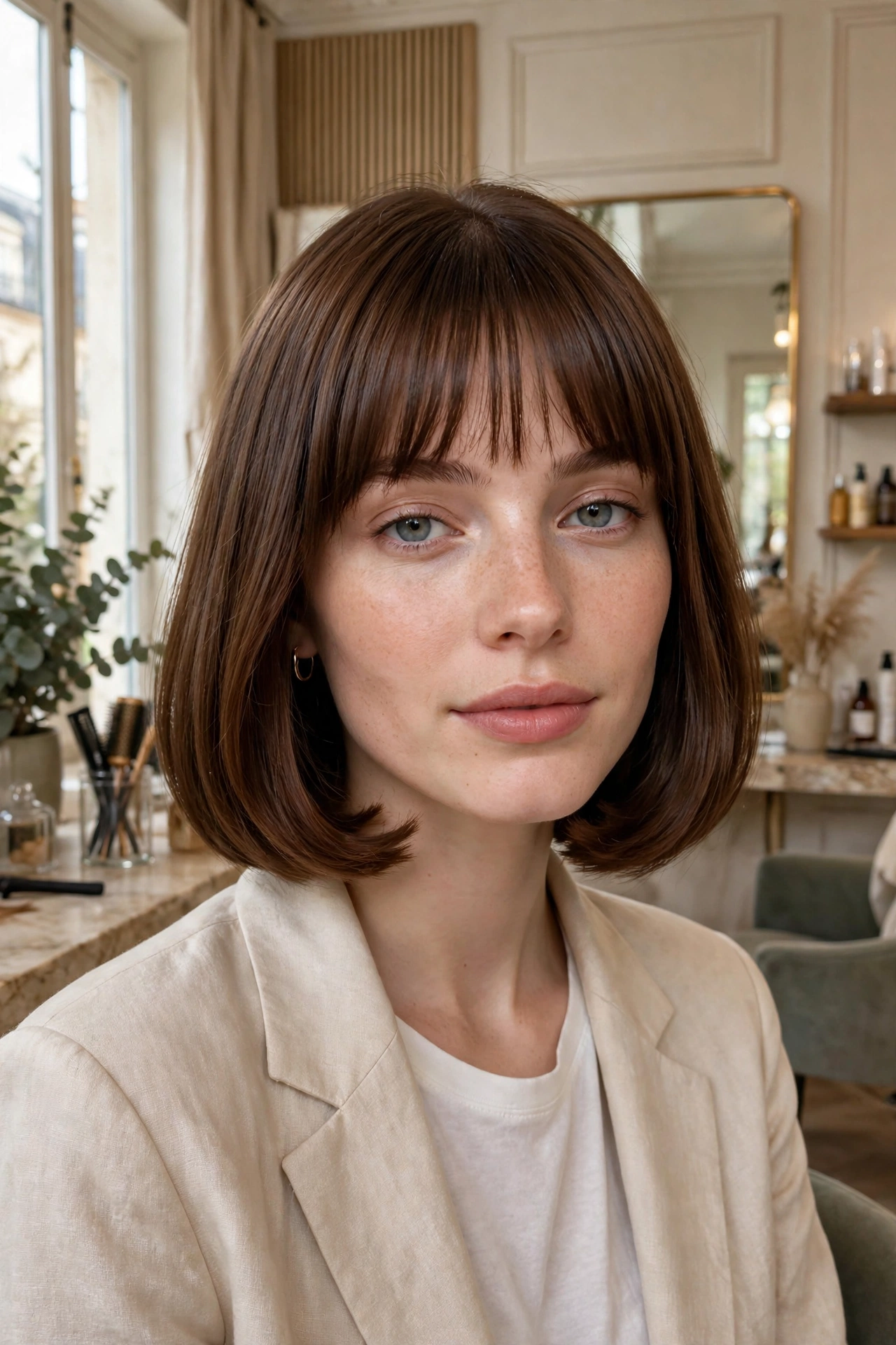 Jaw-length French bob on straight chestnut hair with full fringe