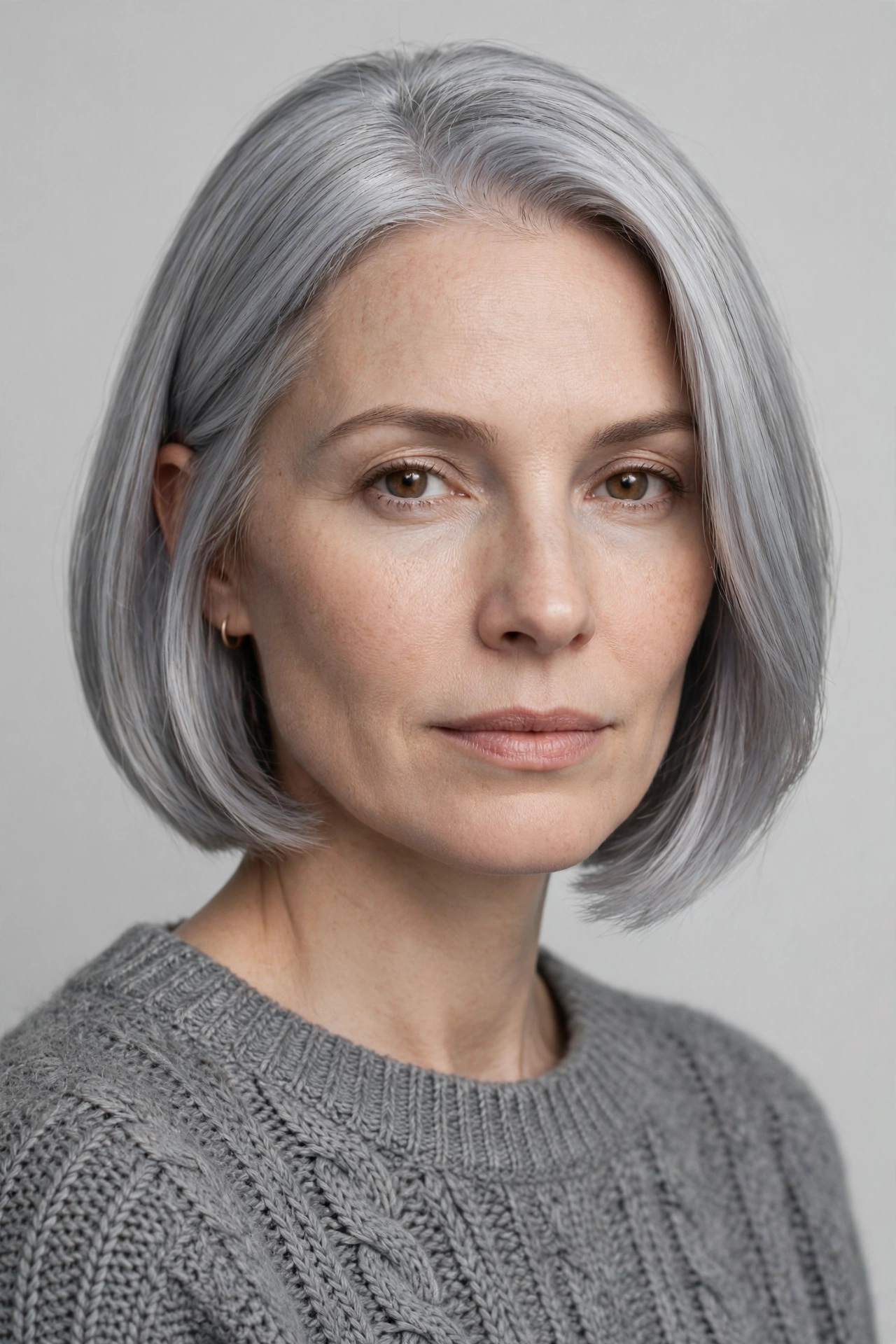 Ash grey bob haircut with a cool icy silver tone