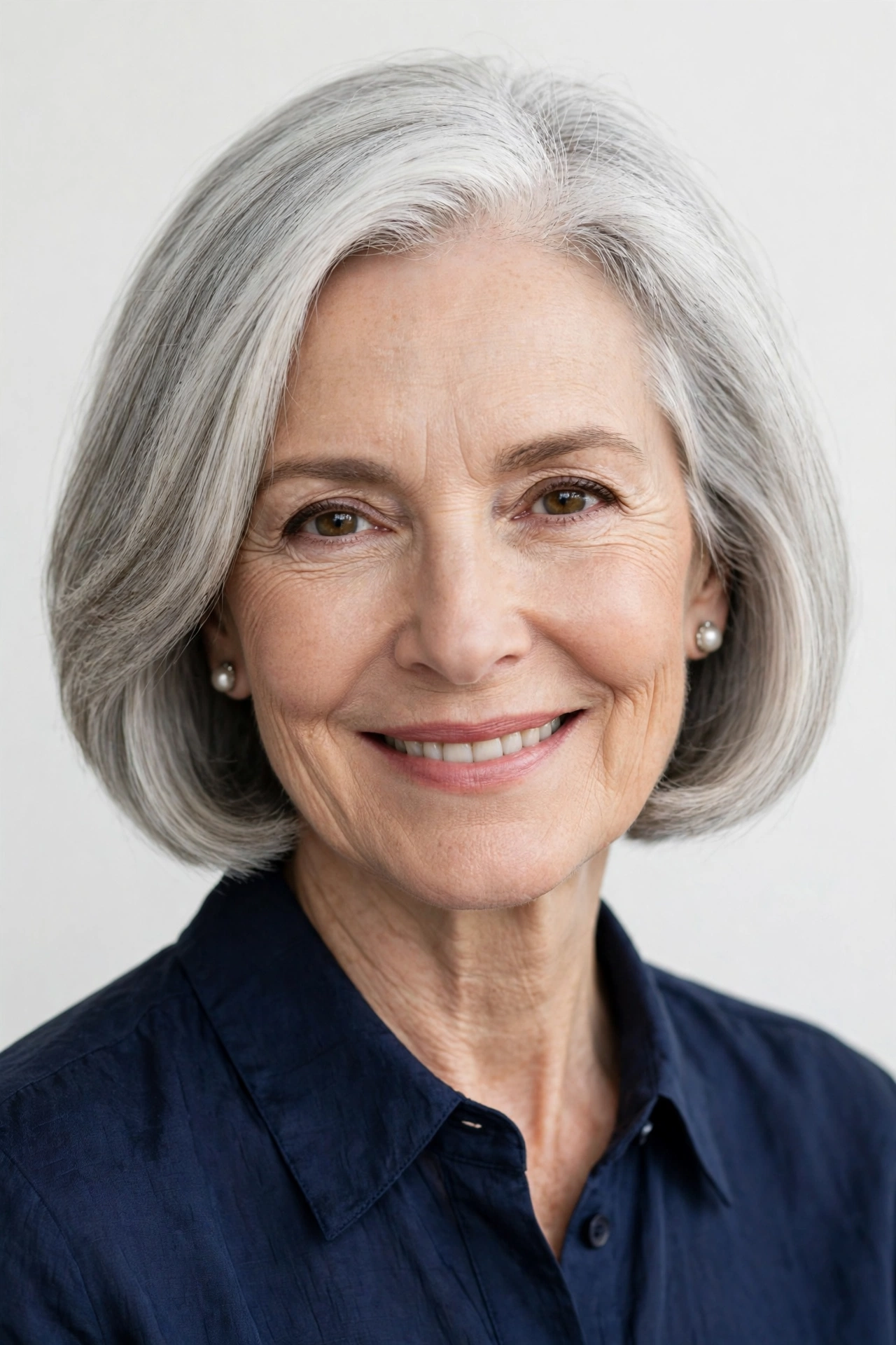 Chin length natural grey bob haircut on a woman in her 60s