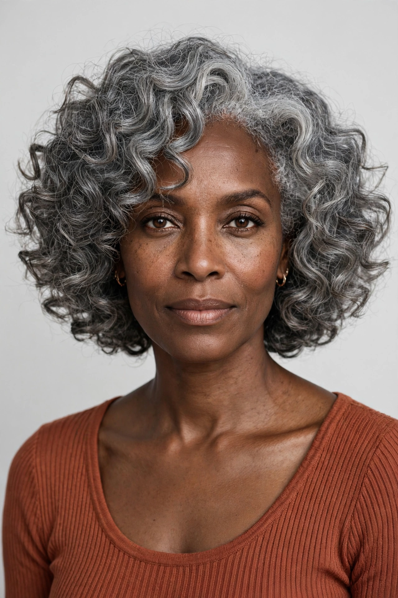 Curly grey bob haircut with defined silver curls