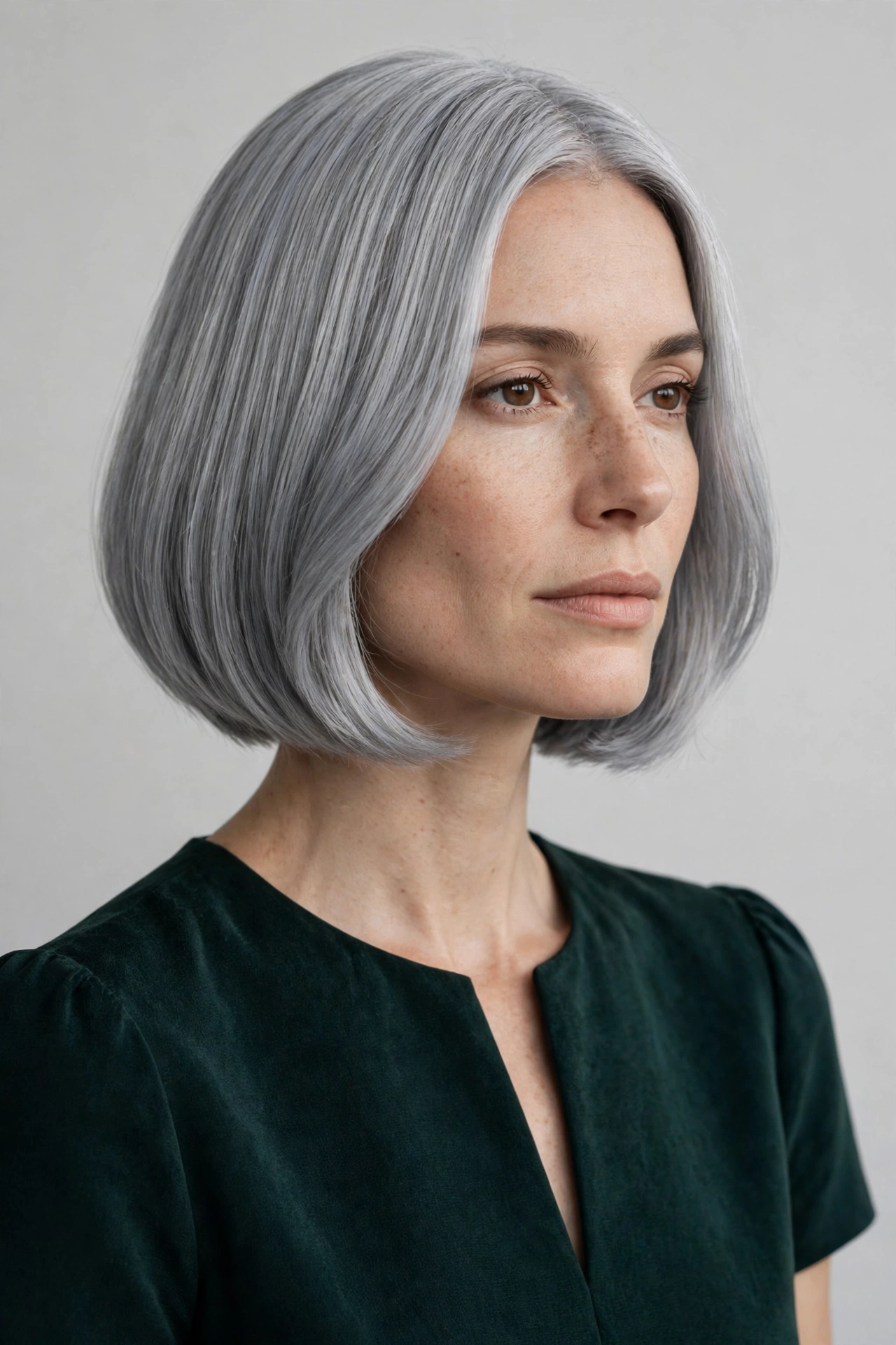 Grey A-line bob haircut, shorter at the back and longer at the front