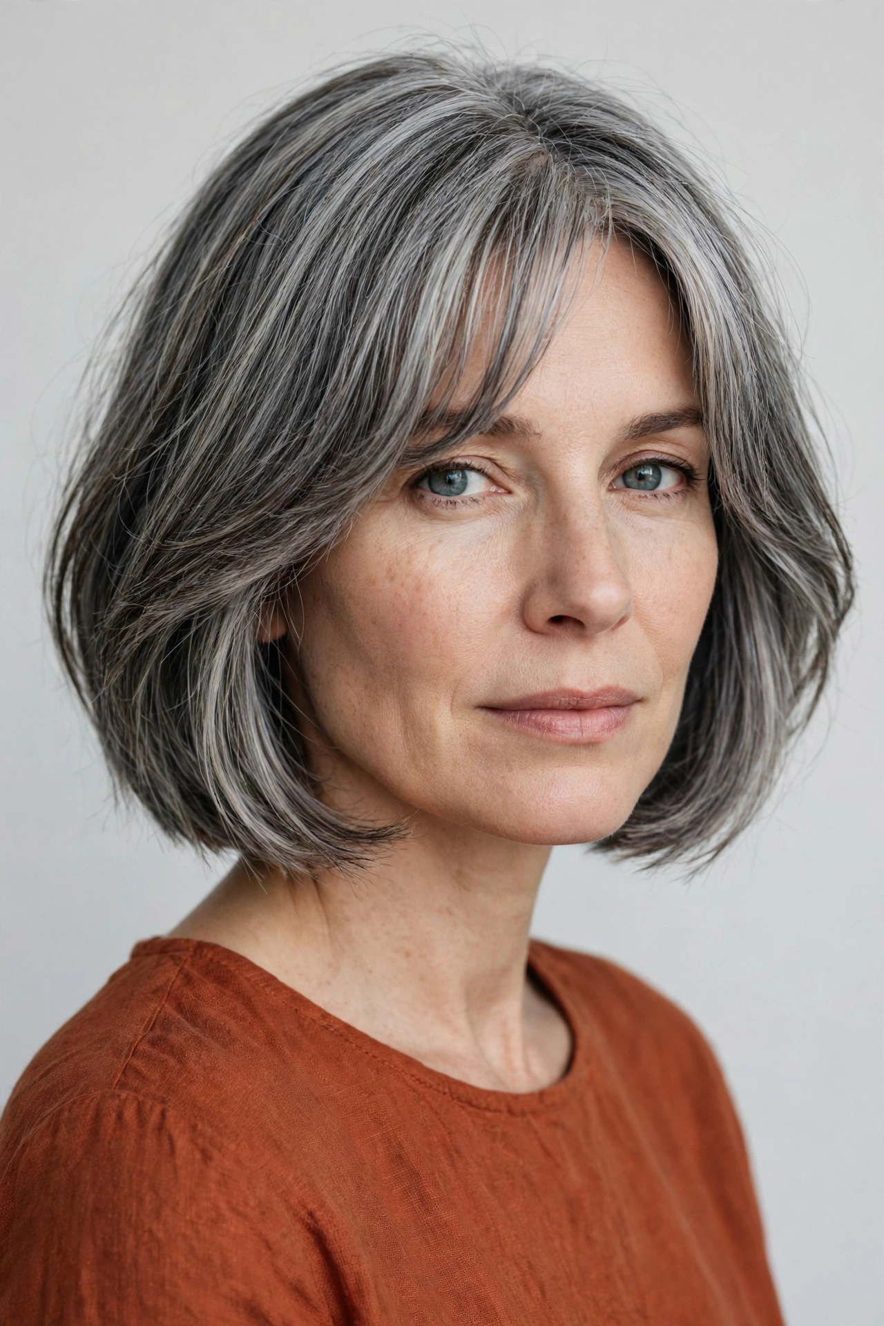 Grey bob haircut with soft curtain bangs