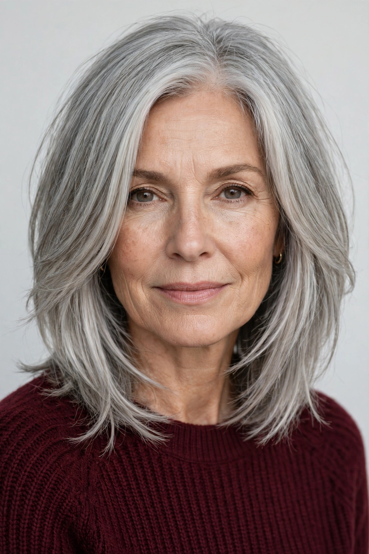 Grey bob haircut with long face framing layers