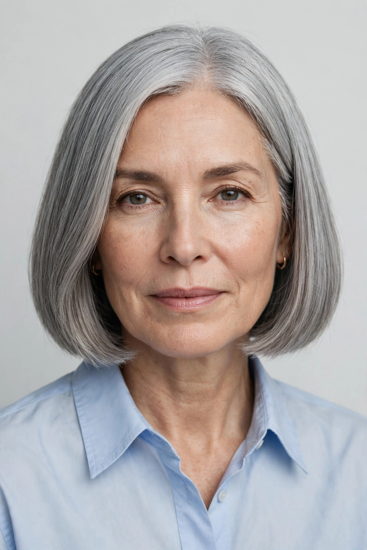 Grey bob haircut for fine hair with a thick one length hemline