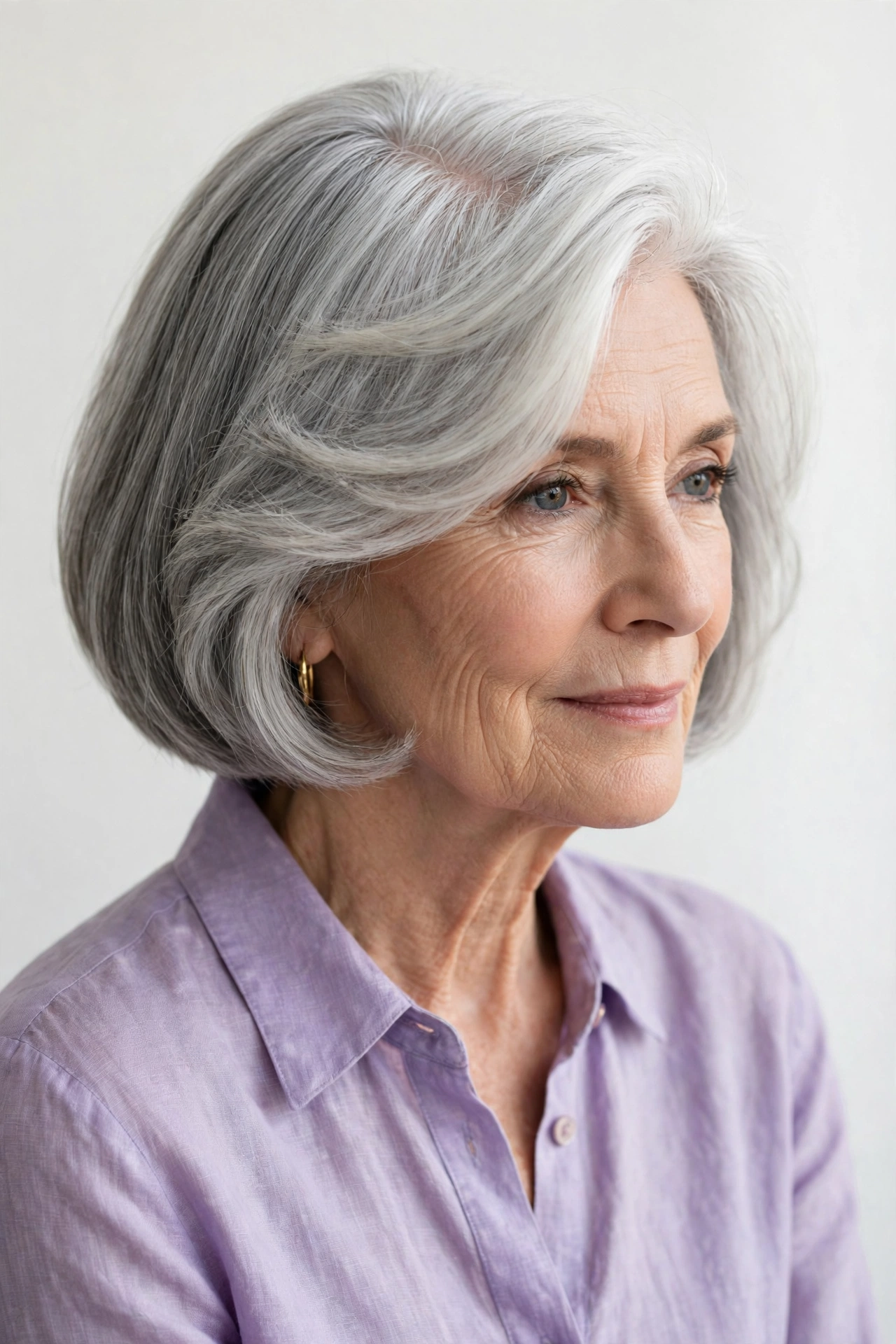 Grey bob haircut with a deep side part