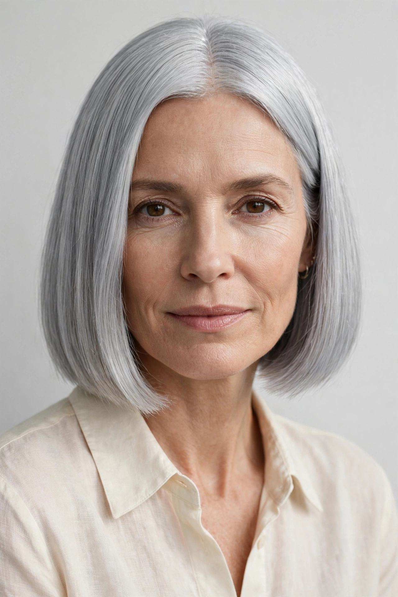 Bob haircut grey hair: sleek silver blunt bob