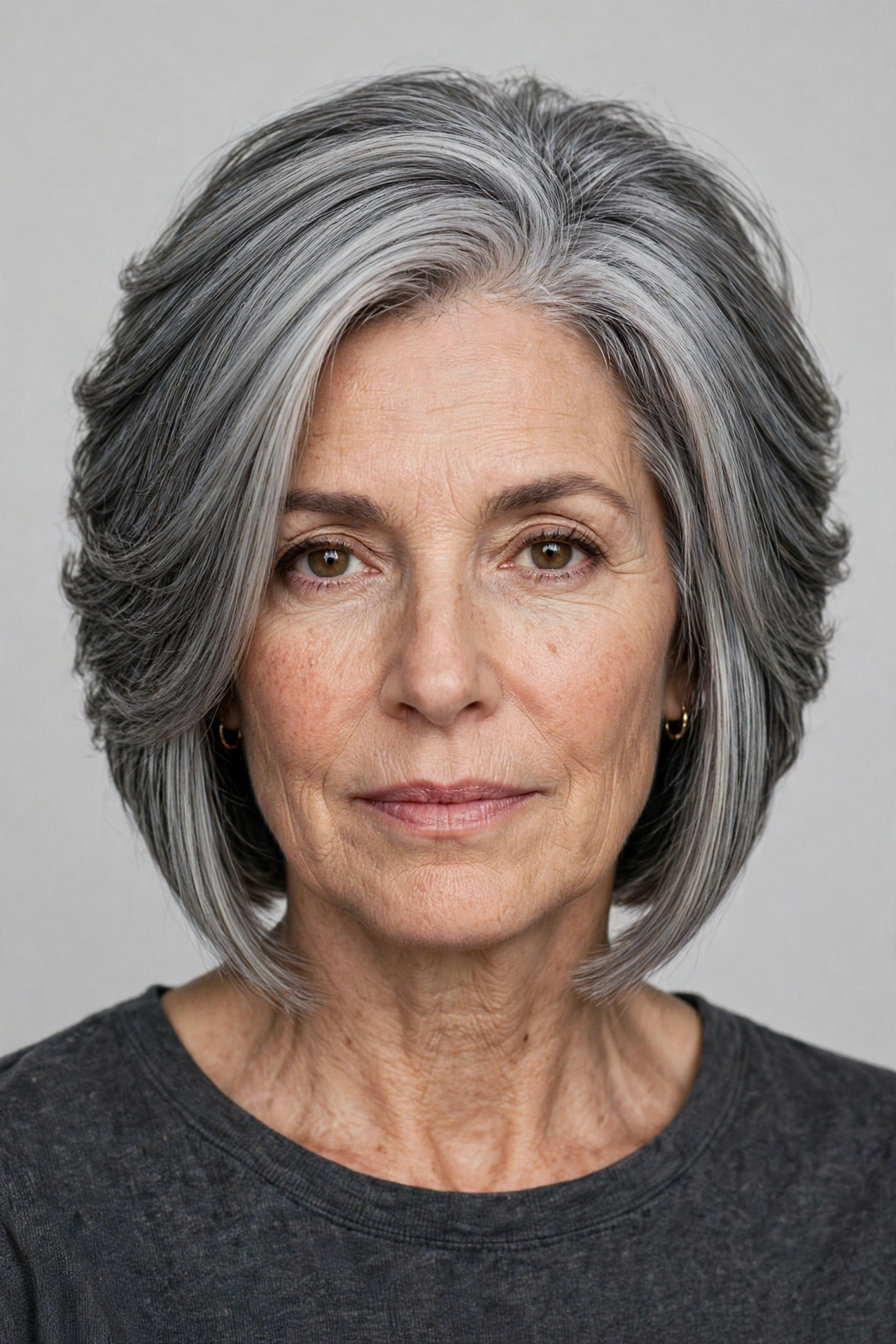 Inverted grey bob haircut with stacked back layers