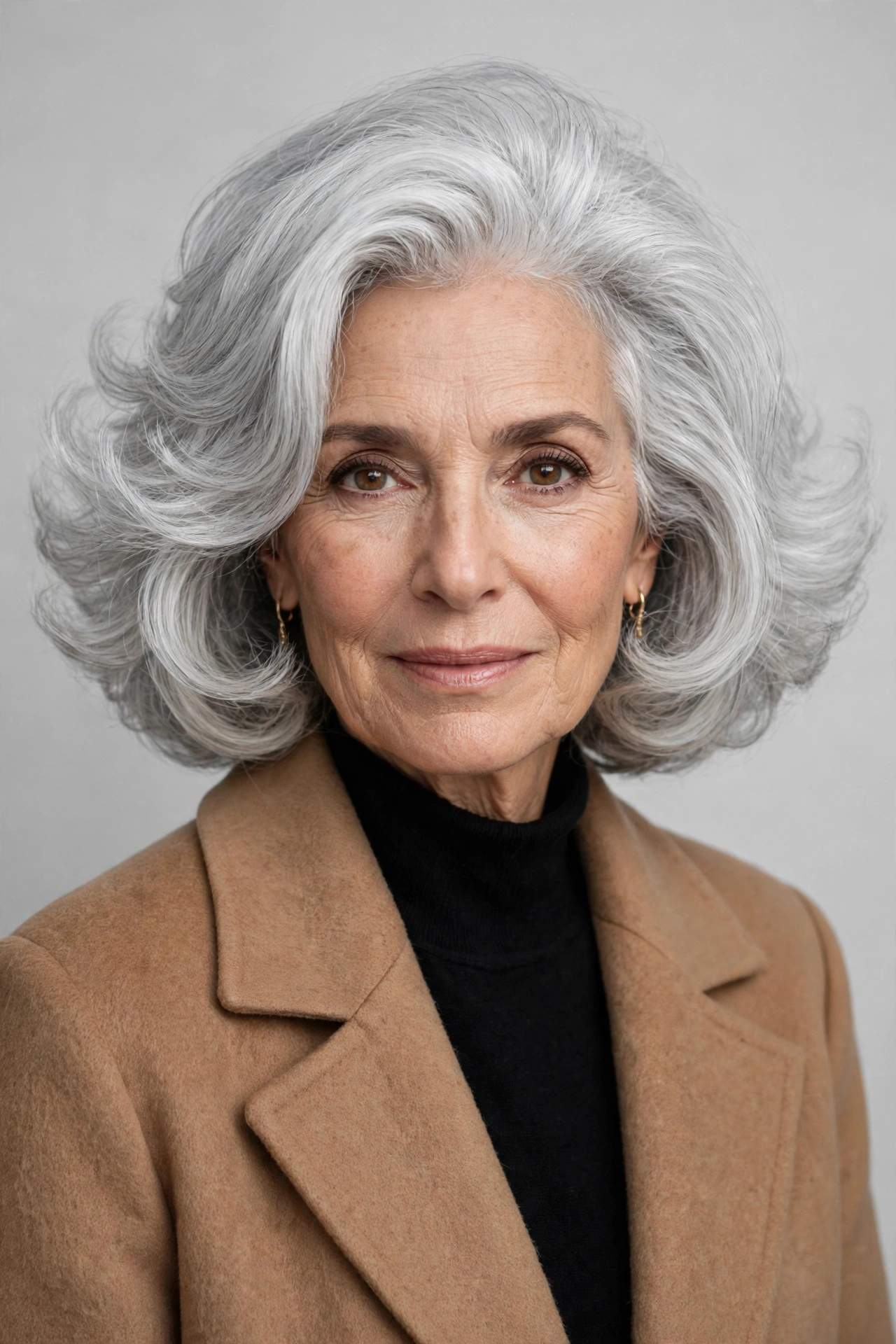 Italian grey bob haircut with voluminous bouncy ends
