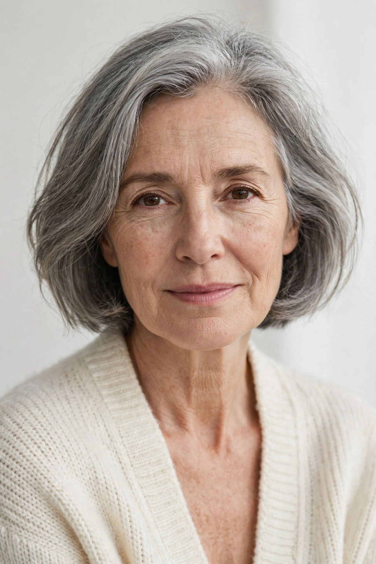 Low maintenance bob haircut grey hair grow out with a relaxed natural shape