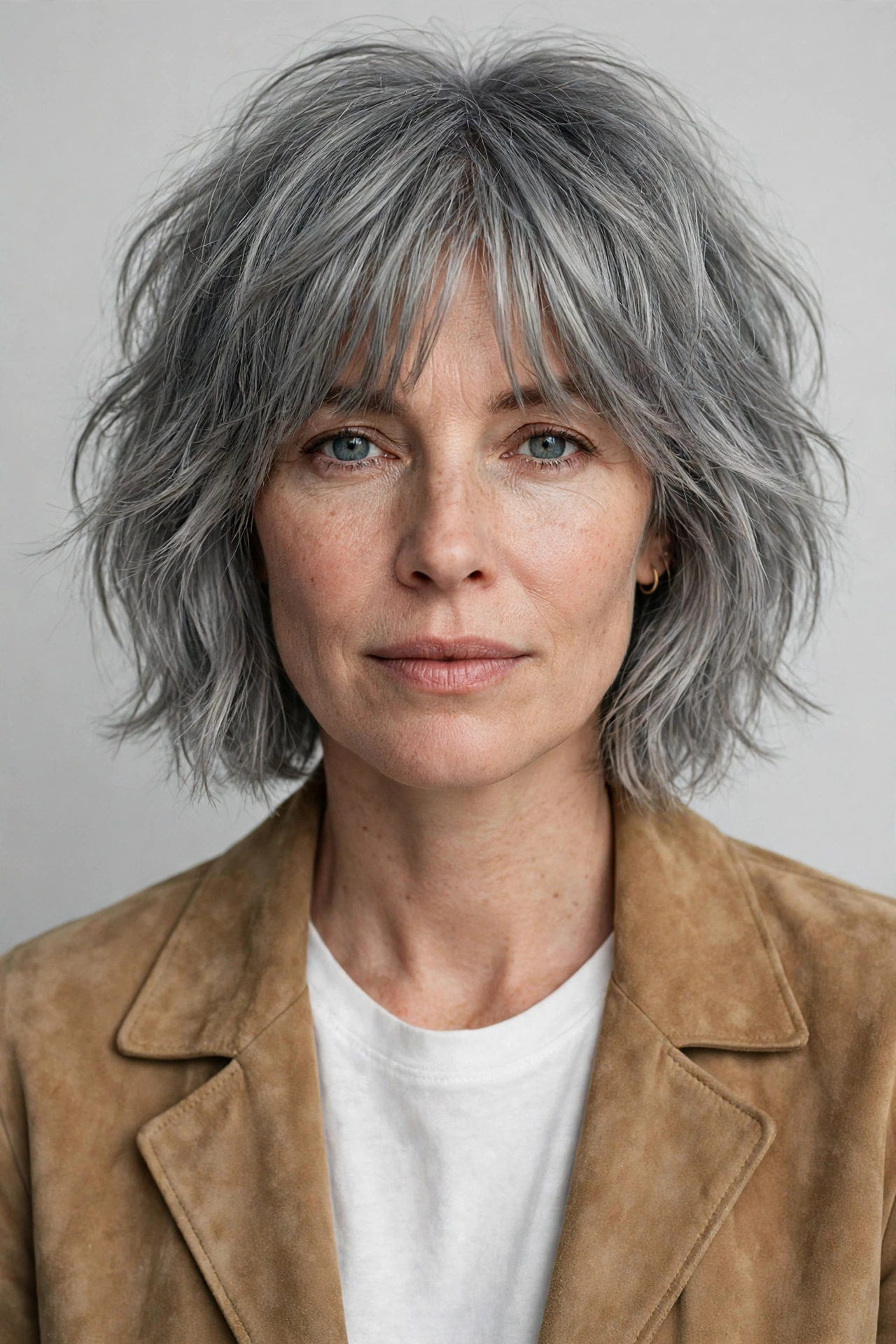 Shaggy grey bob haircut with tousled layers