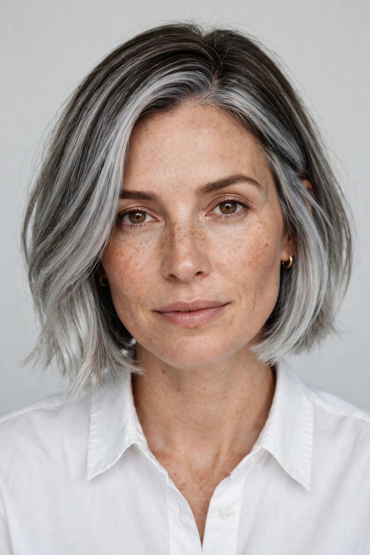 Silver blending bob haircut grey hair with dark roots melting into silver ends
