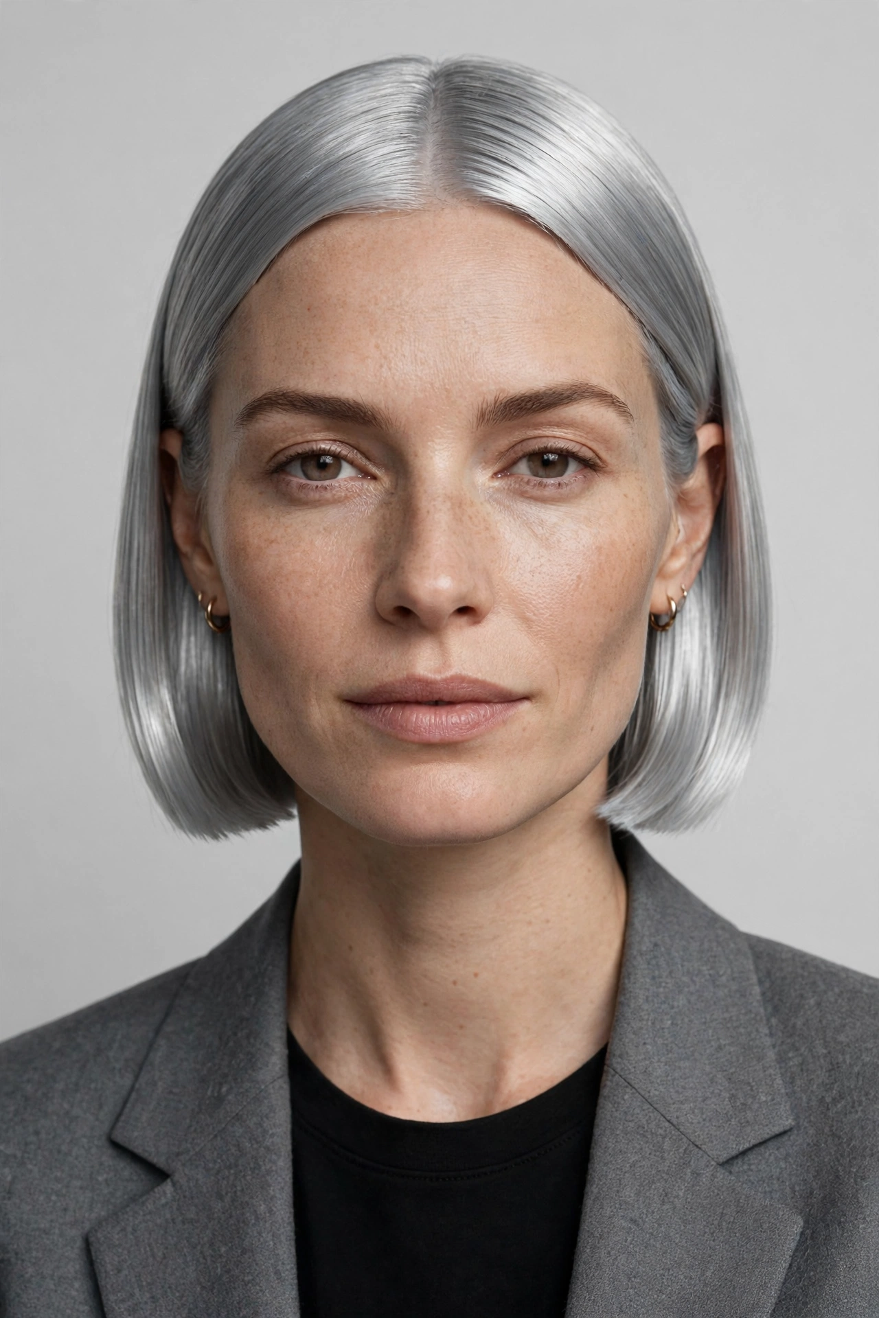 Sleek glass hair silver bob haircut with a shiny metallic finish