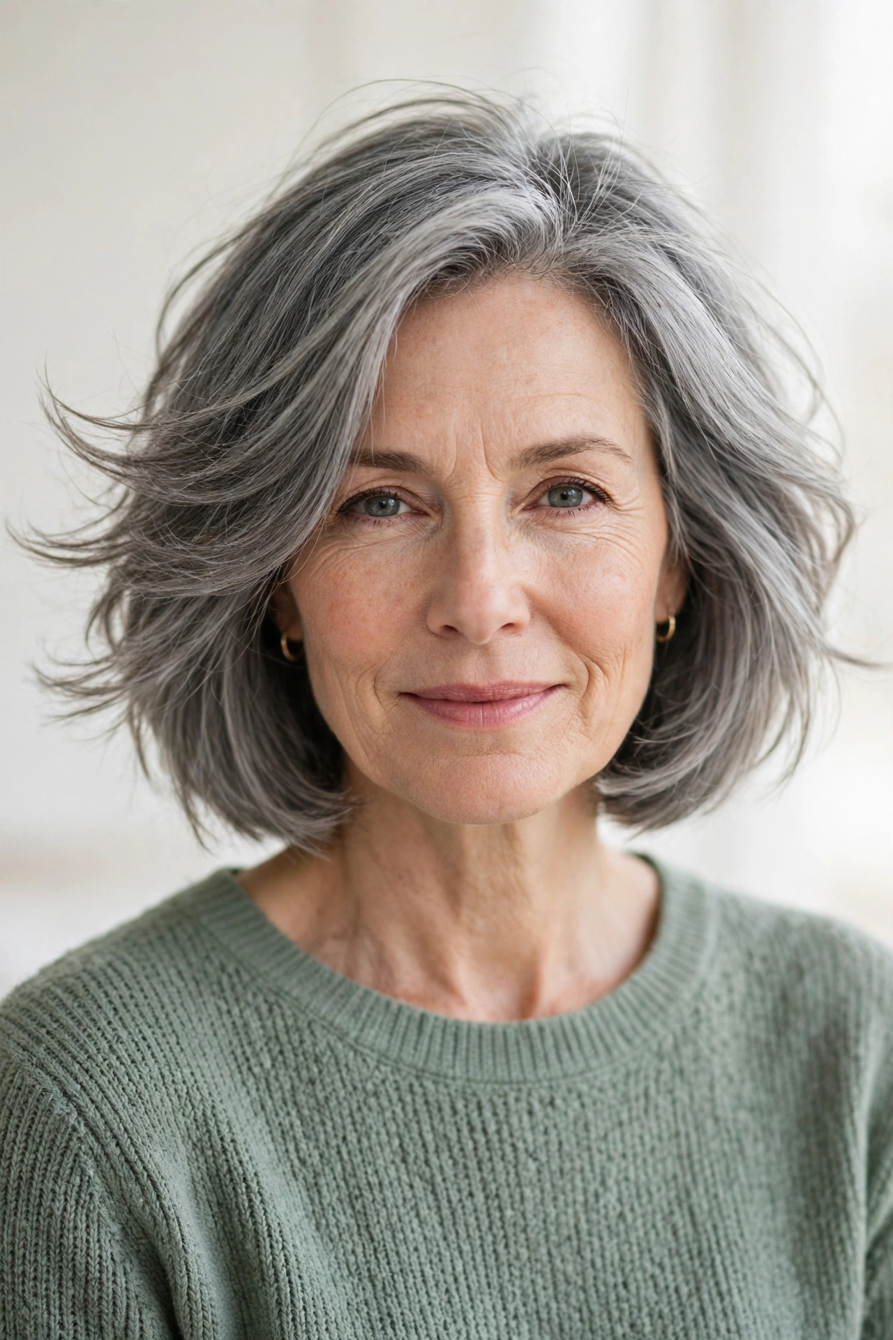 Soft layered grey bob haircut with feathered movement