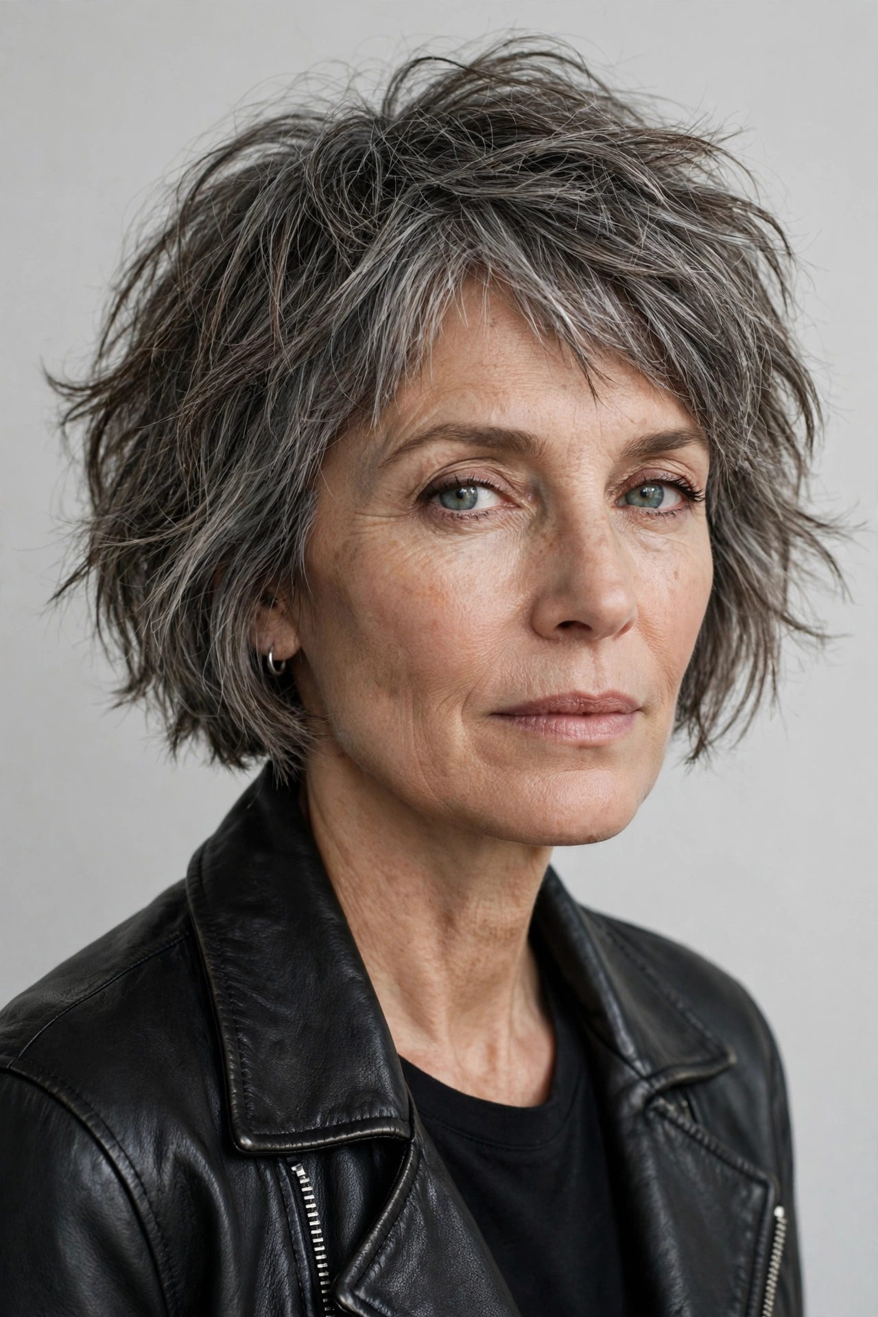Textured choppy grey bob haircut with piecey ends