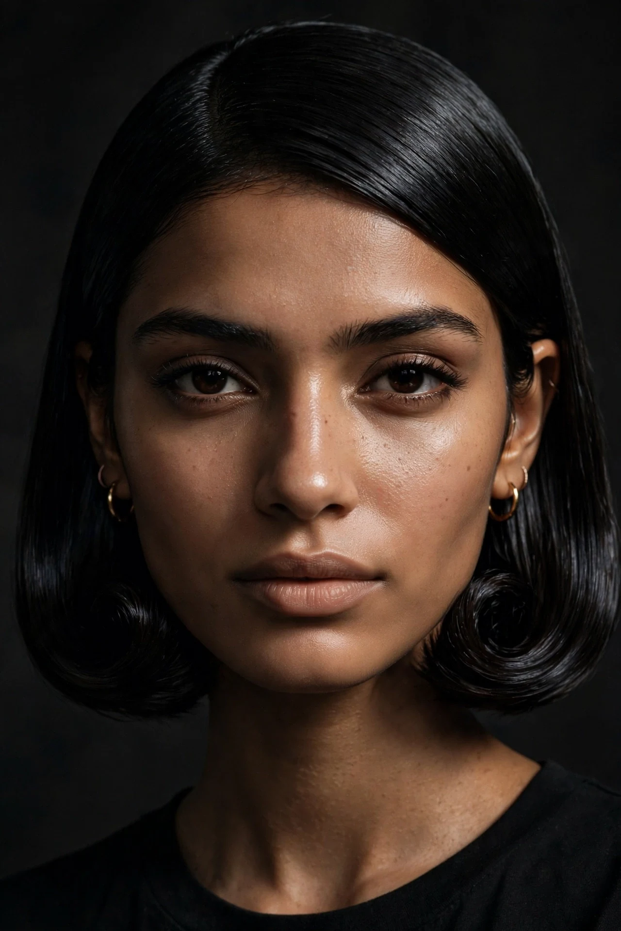 Sleek glass-hair Italian cut with mirror shine on a South Asian woman in her 20s with jet black hair