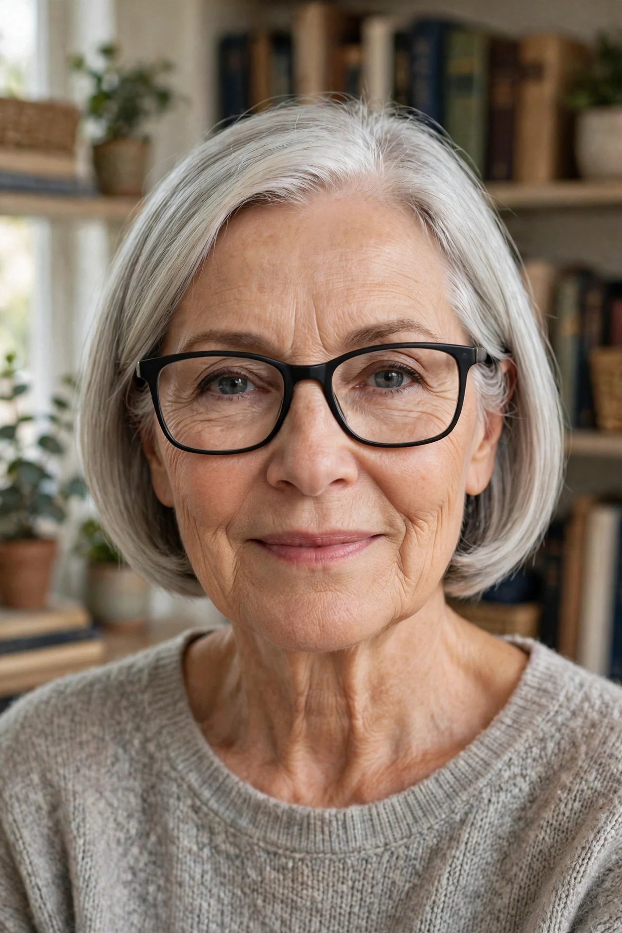 italian bob styled with rectangular glasses on a woman in her 60s